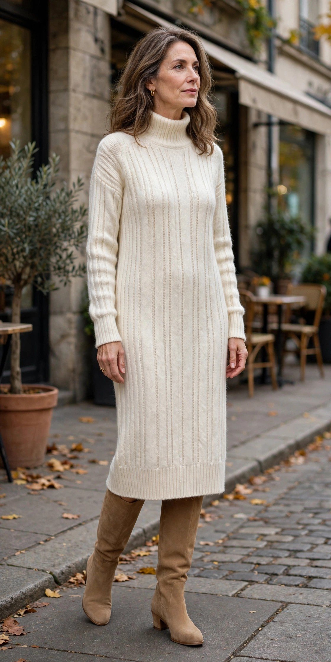 Tan knee high boots with cream sweater dress
