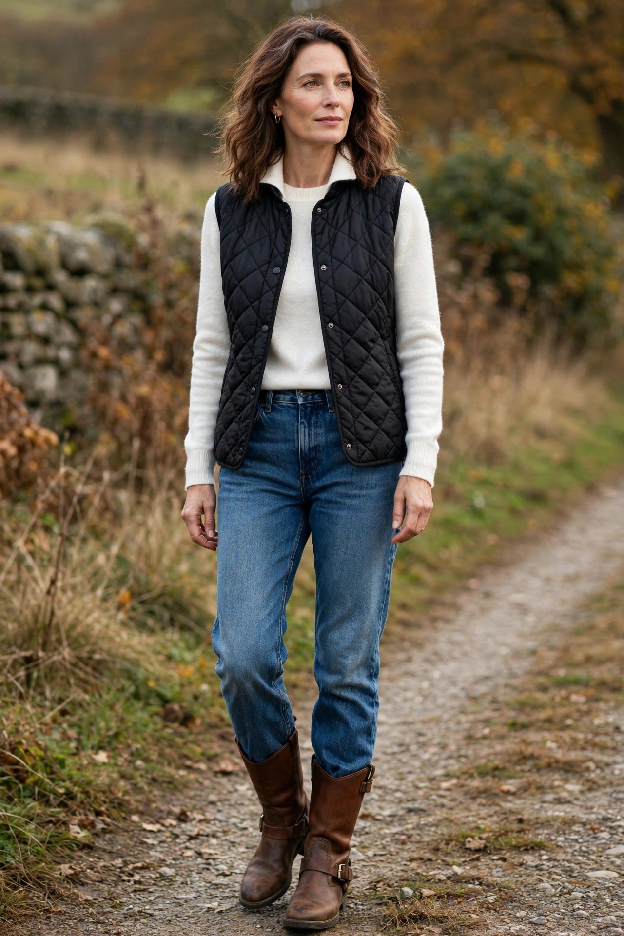 Flat riding boots with quilted vest fall outfit