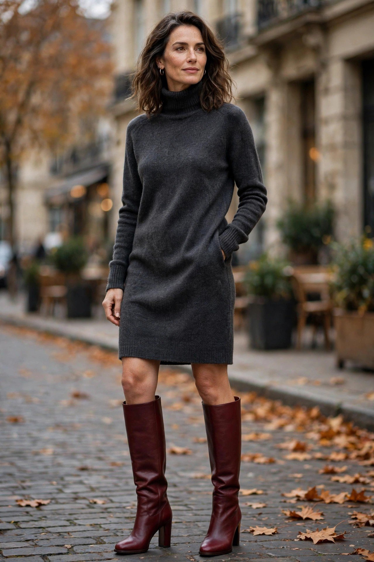 Burgundy knee high boots with charcoal turtleneck dress