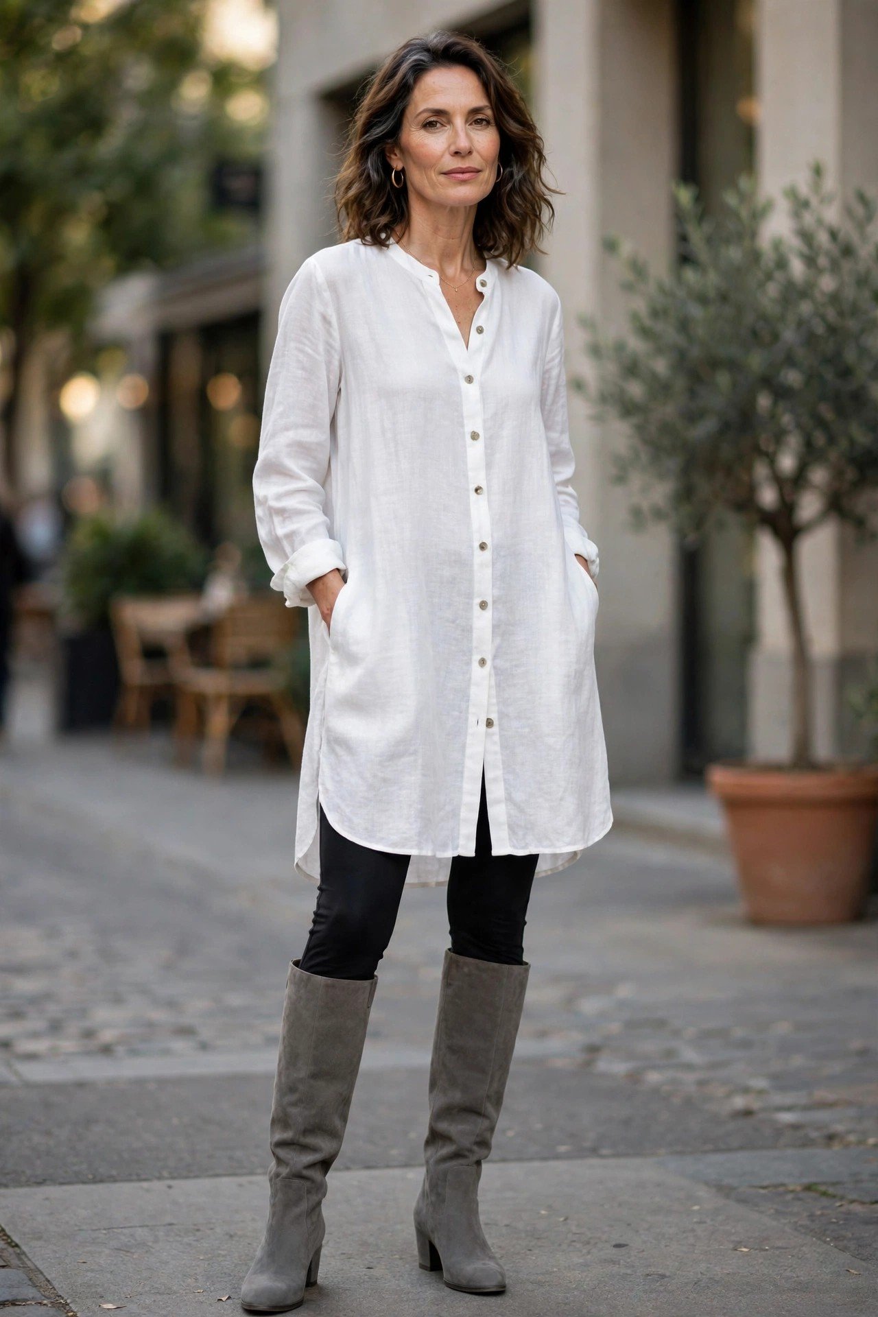 Grey knee high boots with leggings and tunic