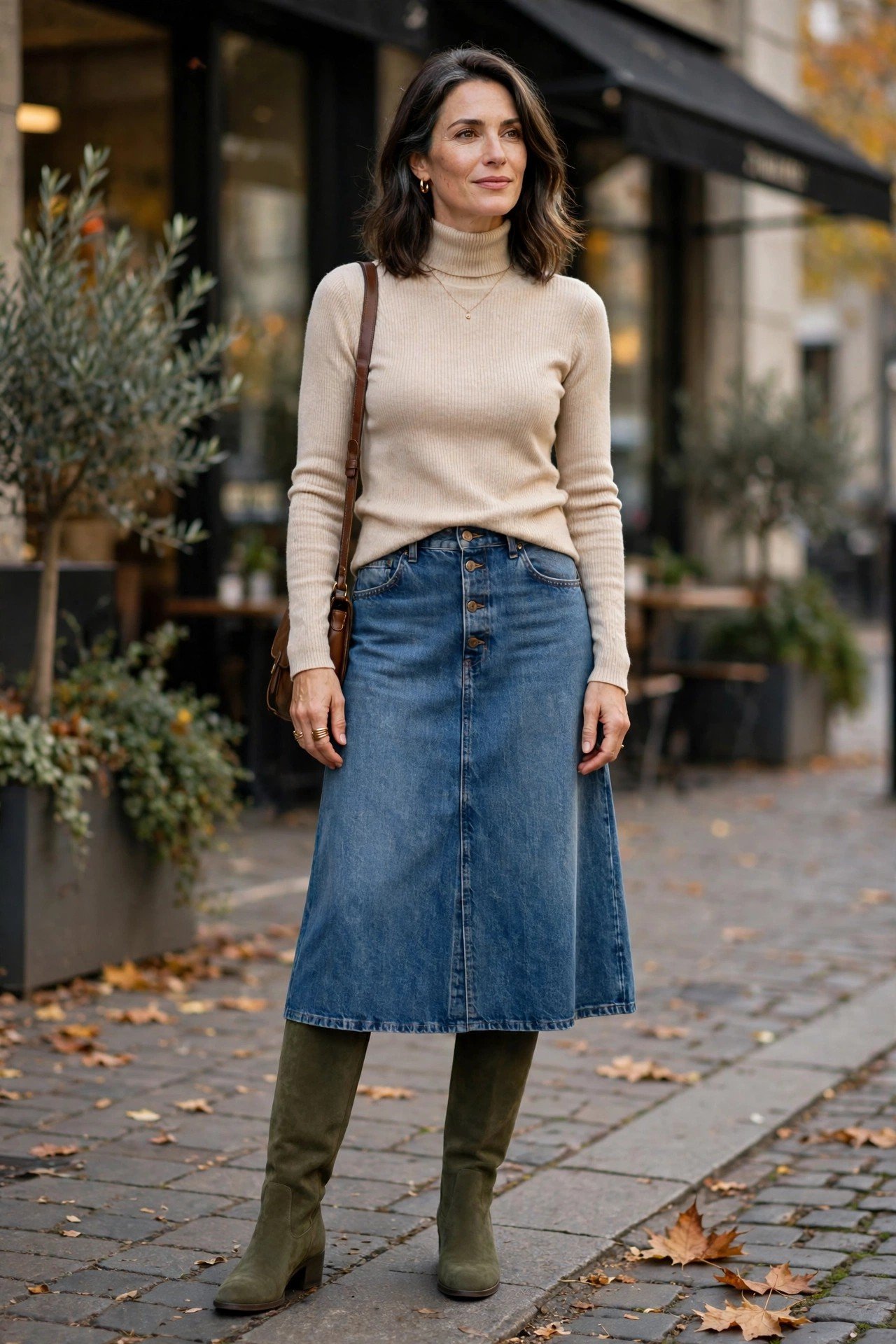 Olive knee high boots with denim midi skirt