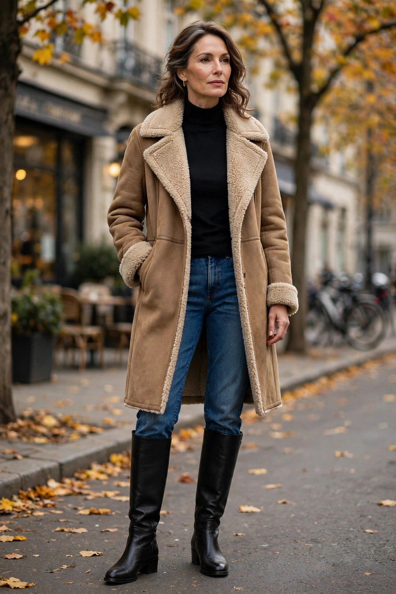 Black knee high boots with shearling coat and jeans