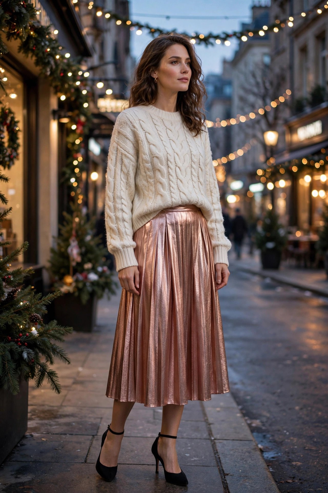 woman in rose-gold metallic skirt and cream knit sweater