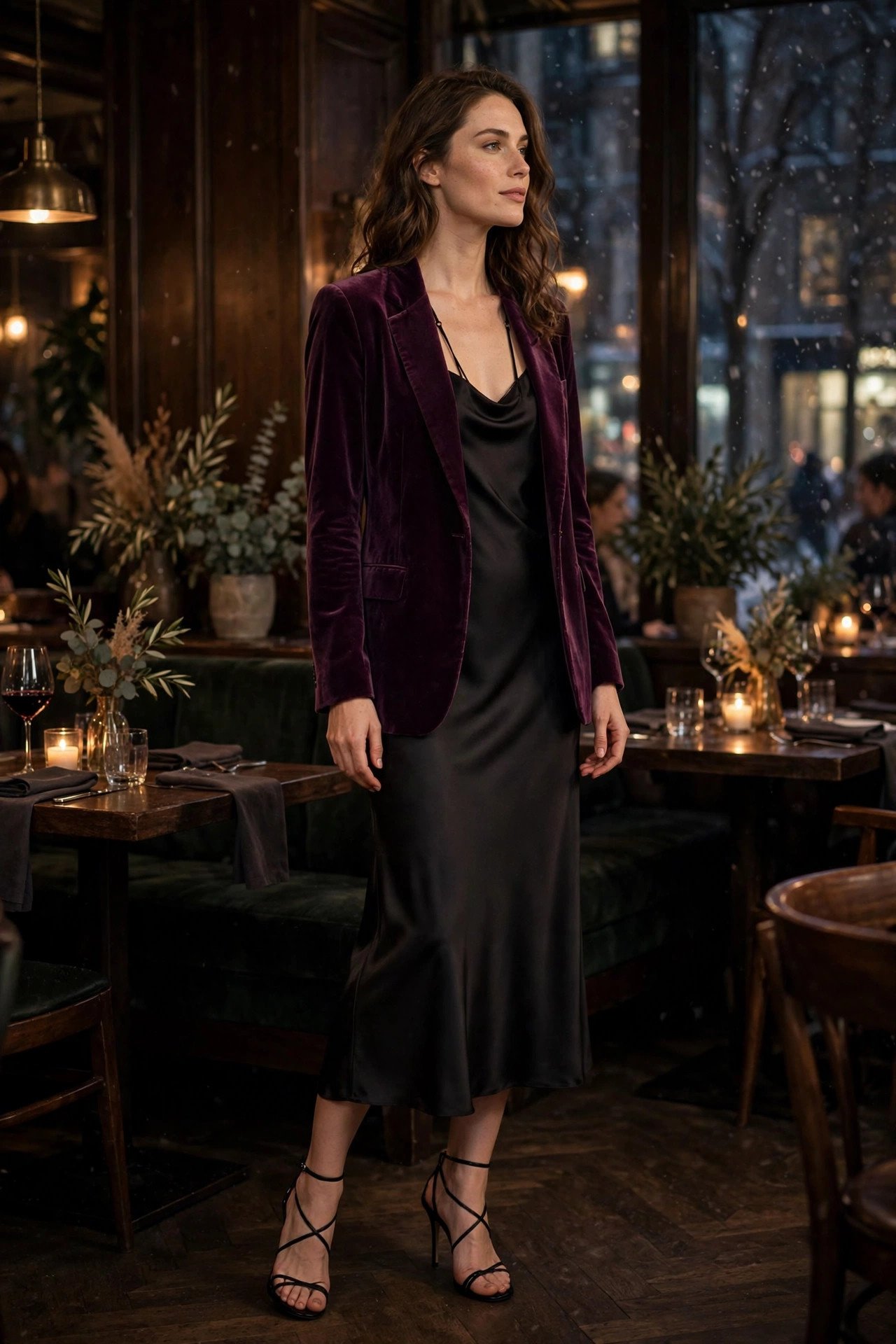woman in plum velvet blazer over black slip dress