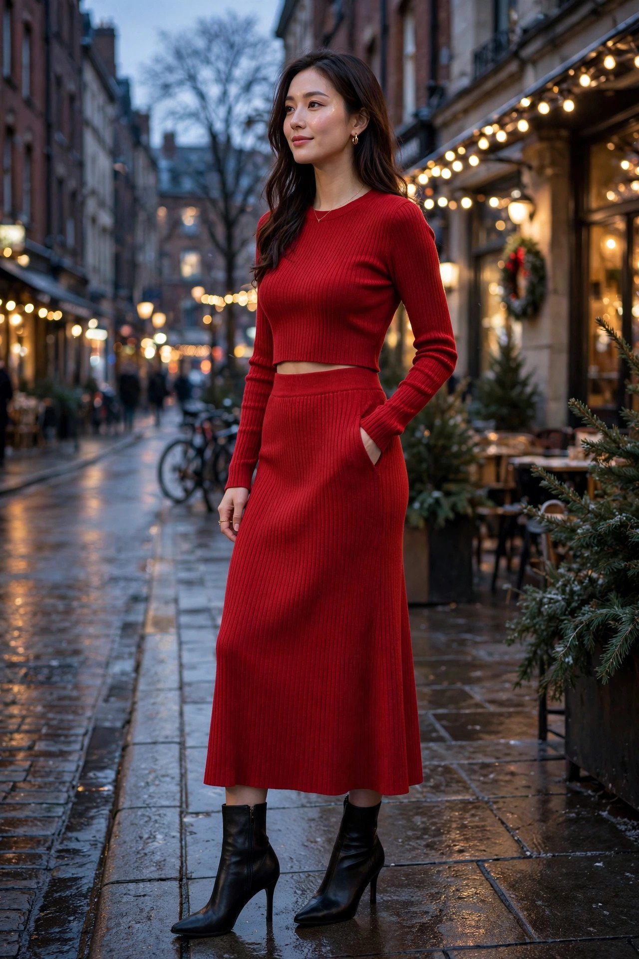 woman in scarlet ribbed knit two-piece set