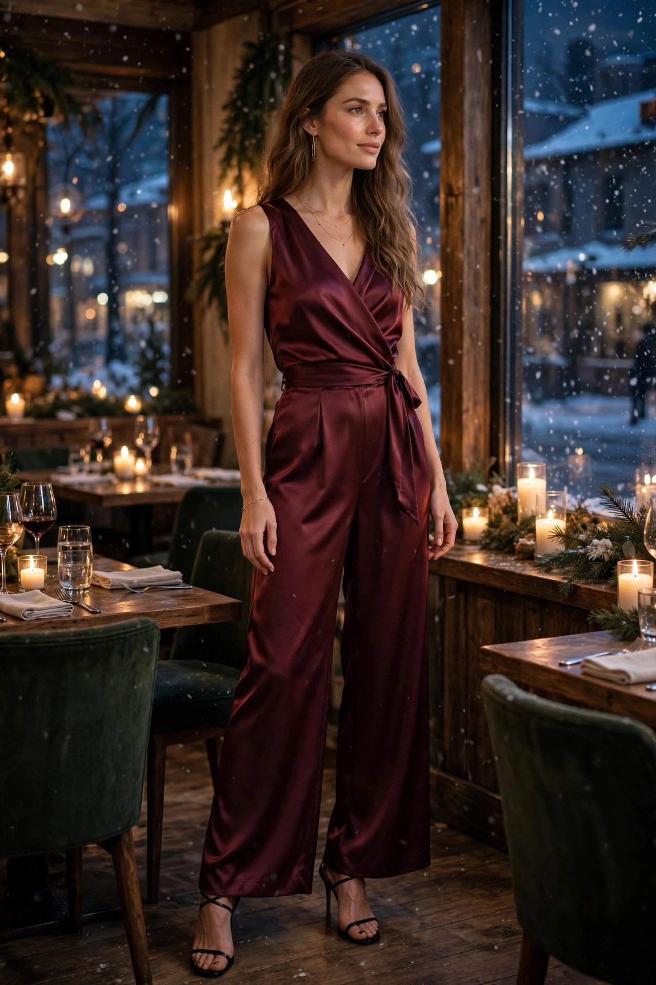woman in wine-colored satin jumpsuit