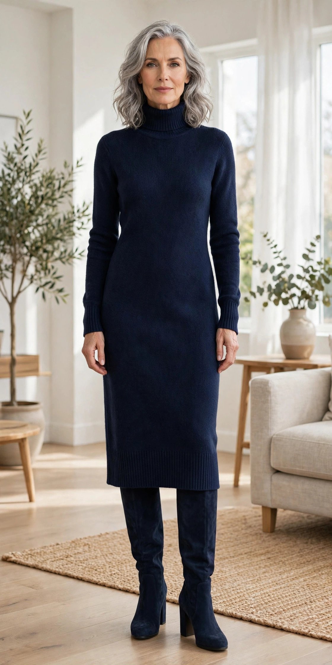 Navy dress with navy knee high boots monochrome