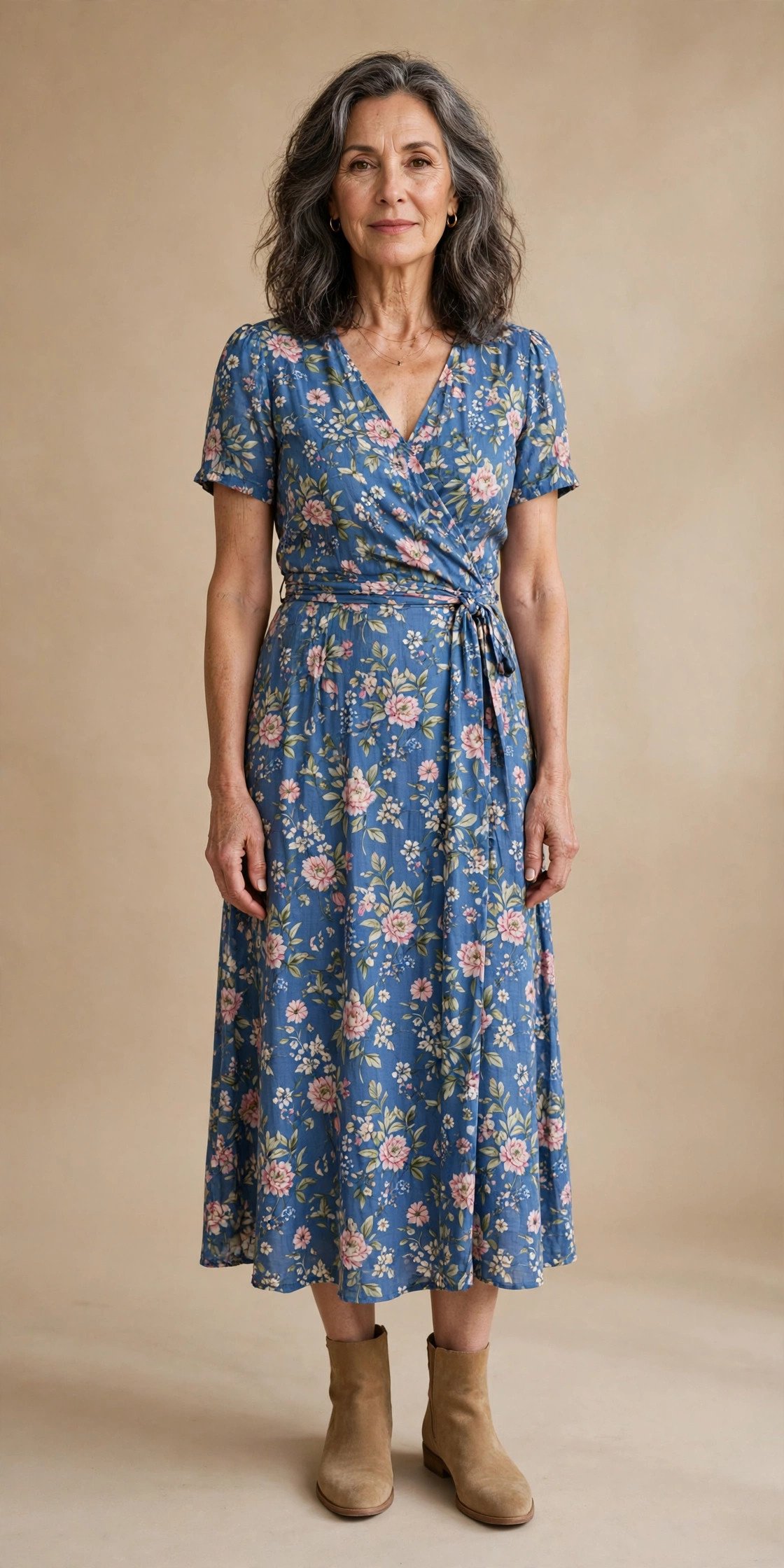 Flat knee high boots with floral midi dress