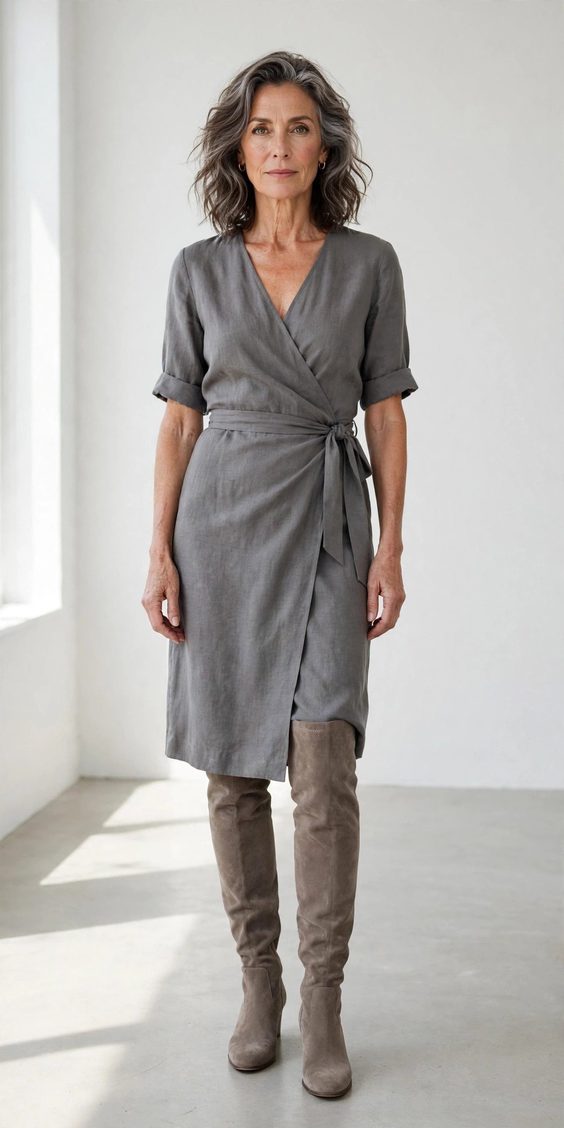 Taupe knee high boots with grey wrap dress