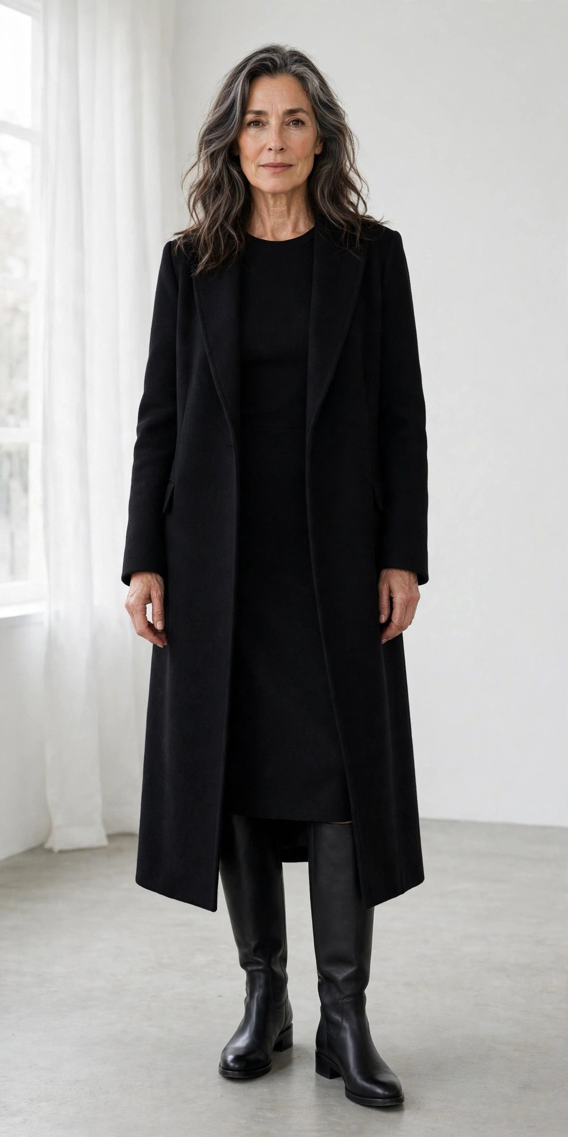 Black knee high boots with long wool coat and dress