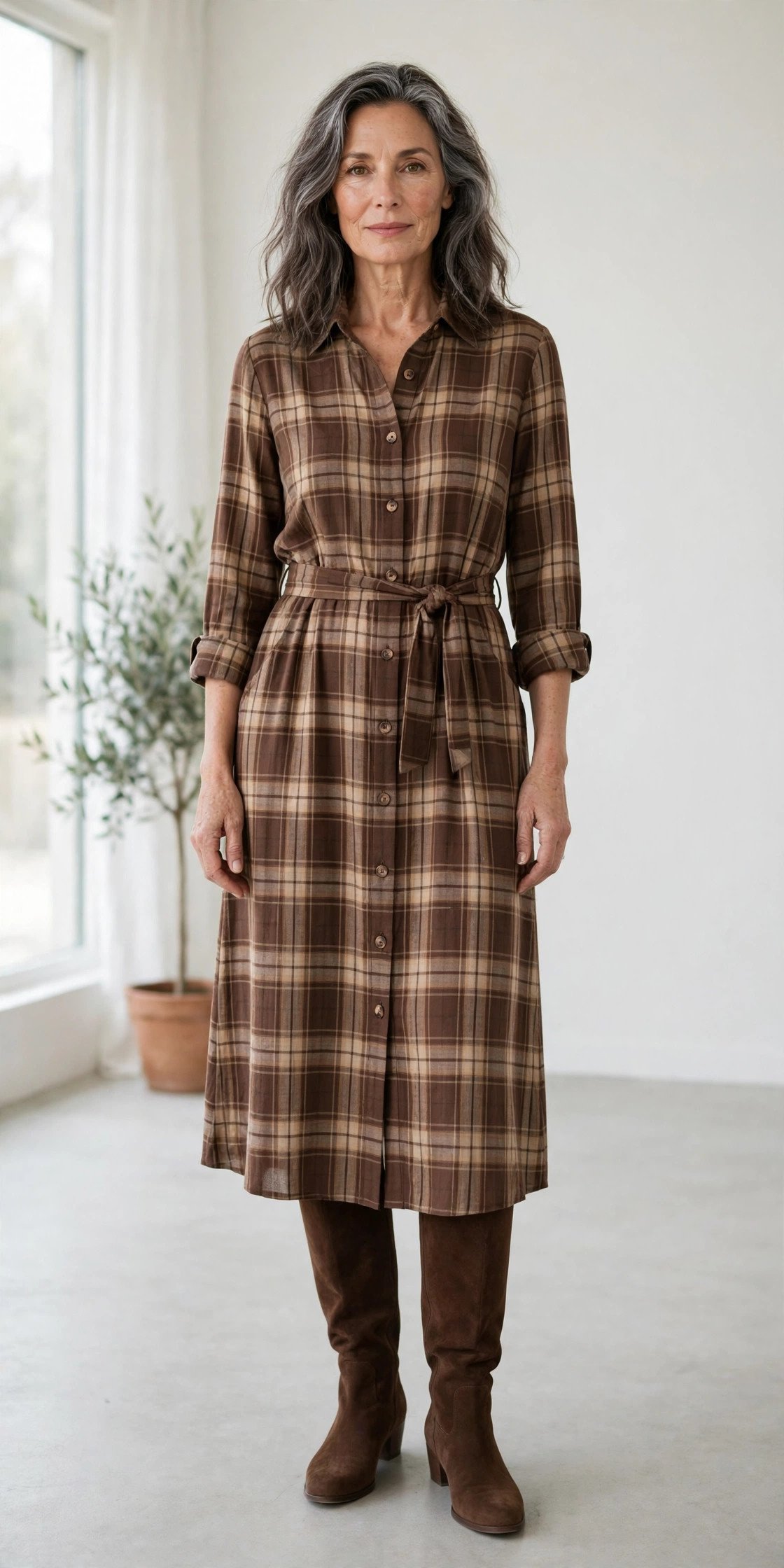 Chocolate boots with plaid dress fall outfit