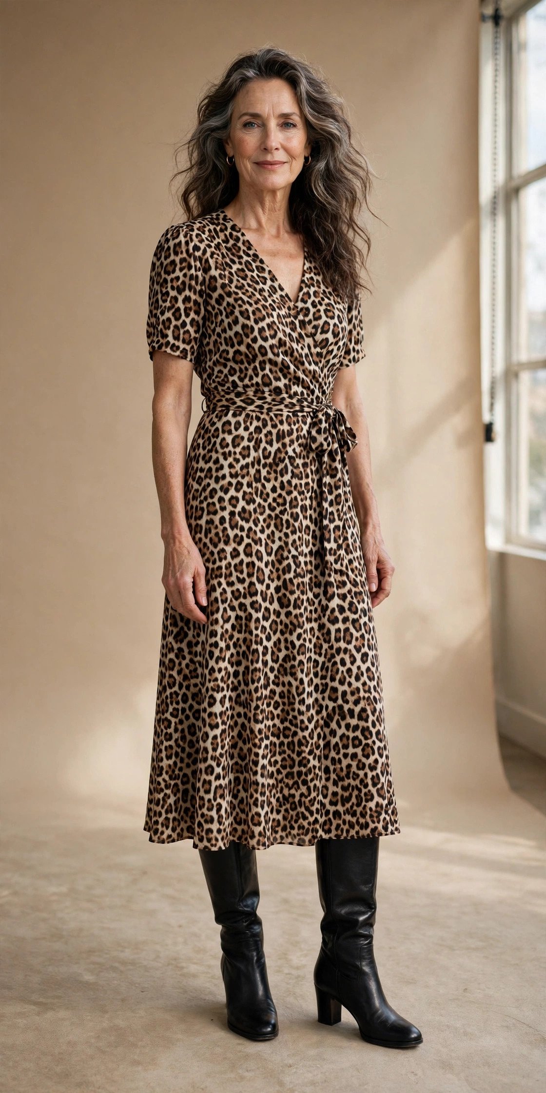 Black knee high boots with leopard print dress