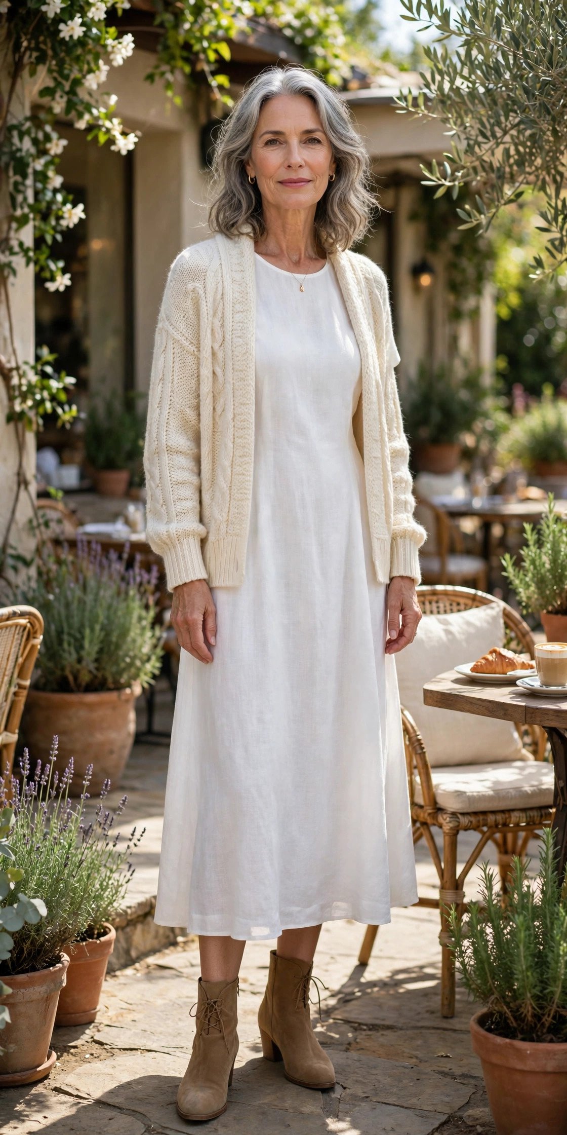 Tan knee high boots with white midi dress and cardigan
