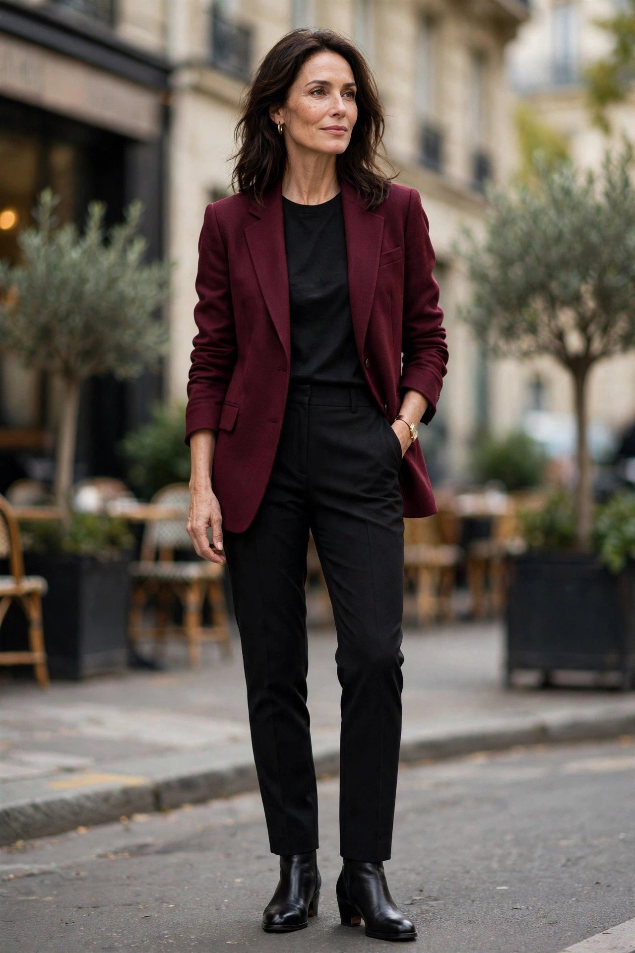 Woman in a wine blazer with black trousers