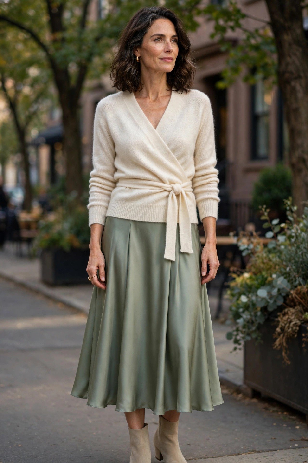 Woman in a cashmere sweater with a silk skirt