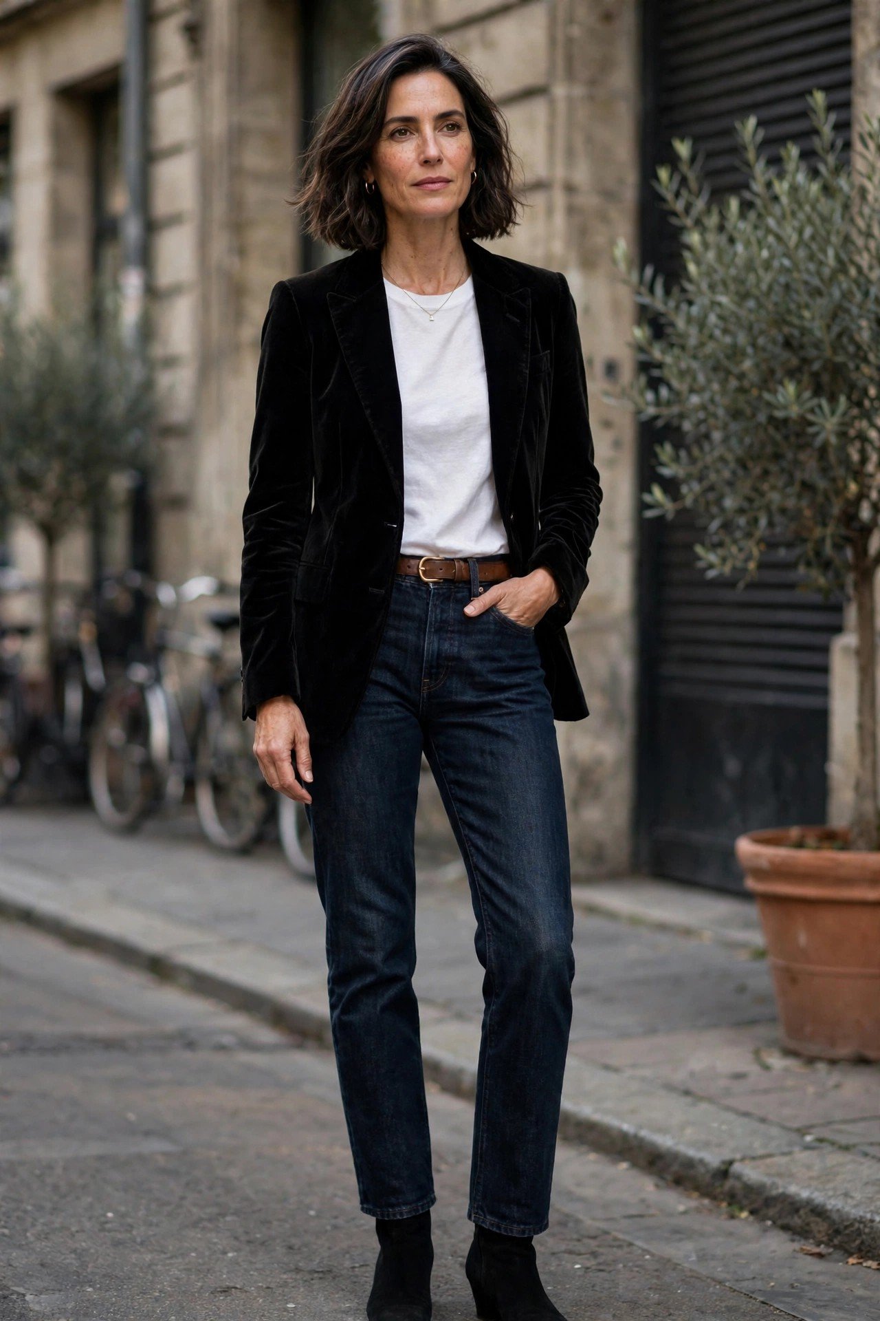 Mature woman wearing a velvet blazer with jeans