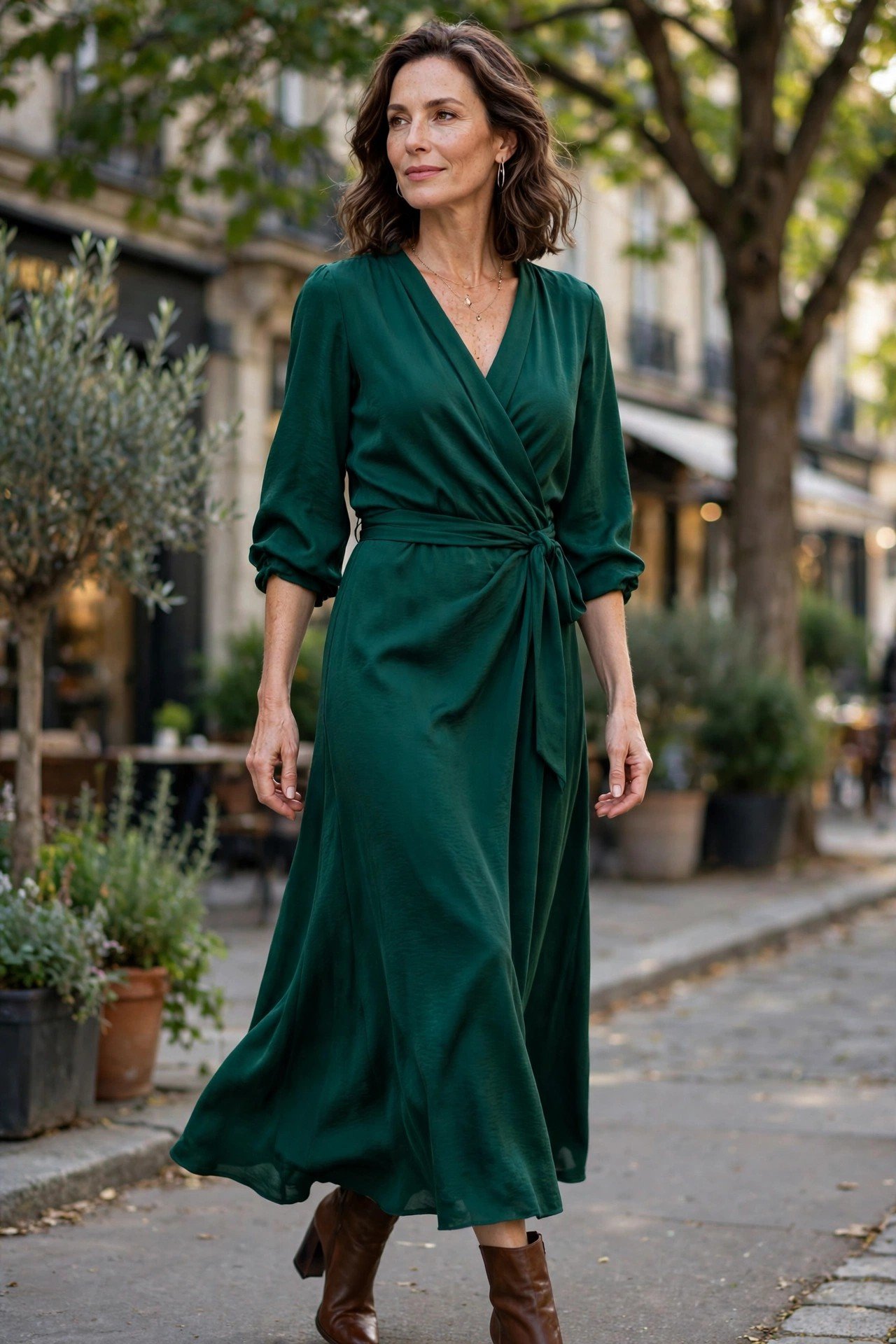 Woman in an elegant emerald wrap dress
