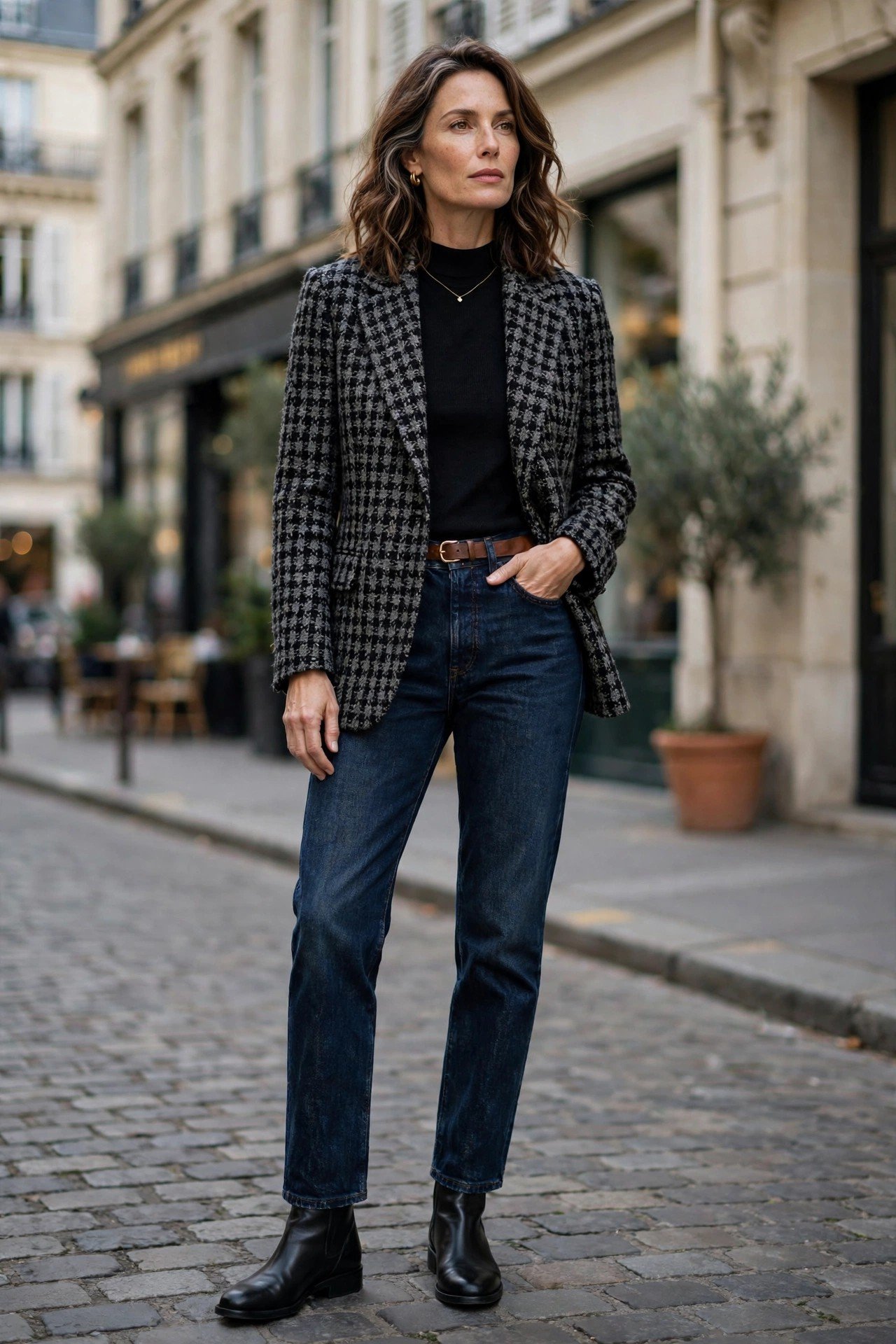Woman wearing a tweed blazer with dark jeans