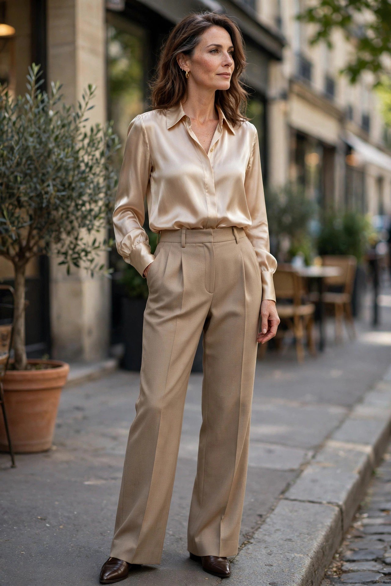 Woman in a silk blouse with high waisted trousers
