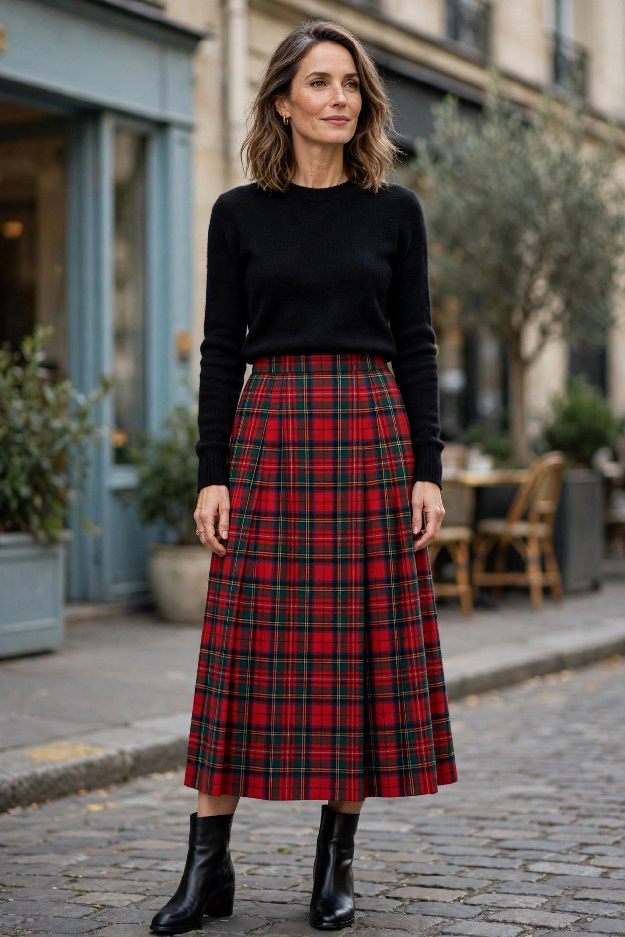 Woman in a tartan midi skirt with a black sweater