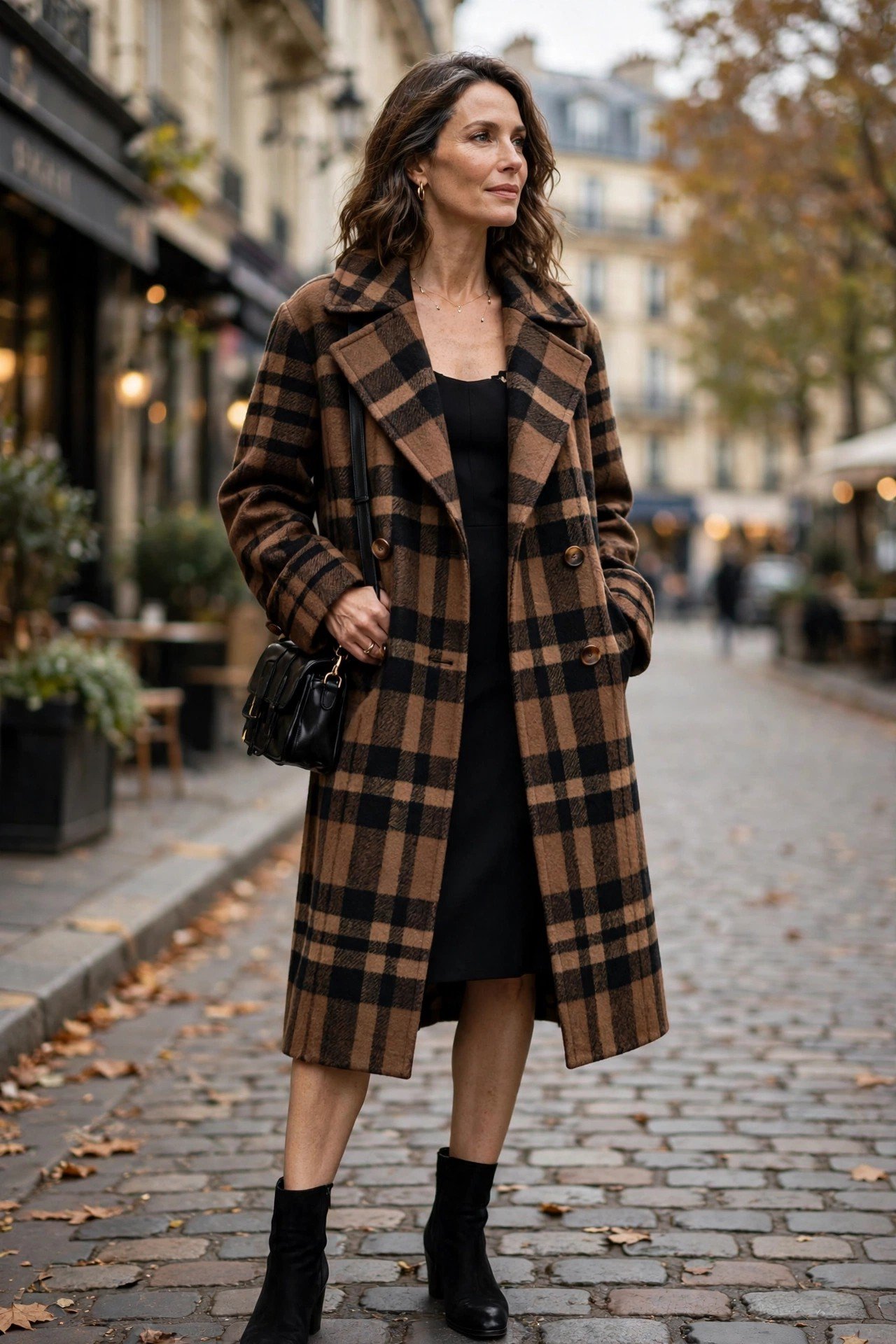 Woman wearing a coat over a little black dress