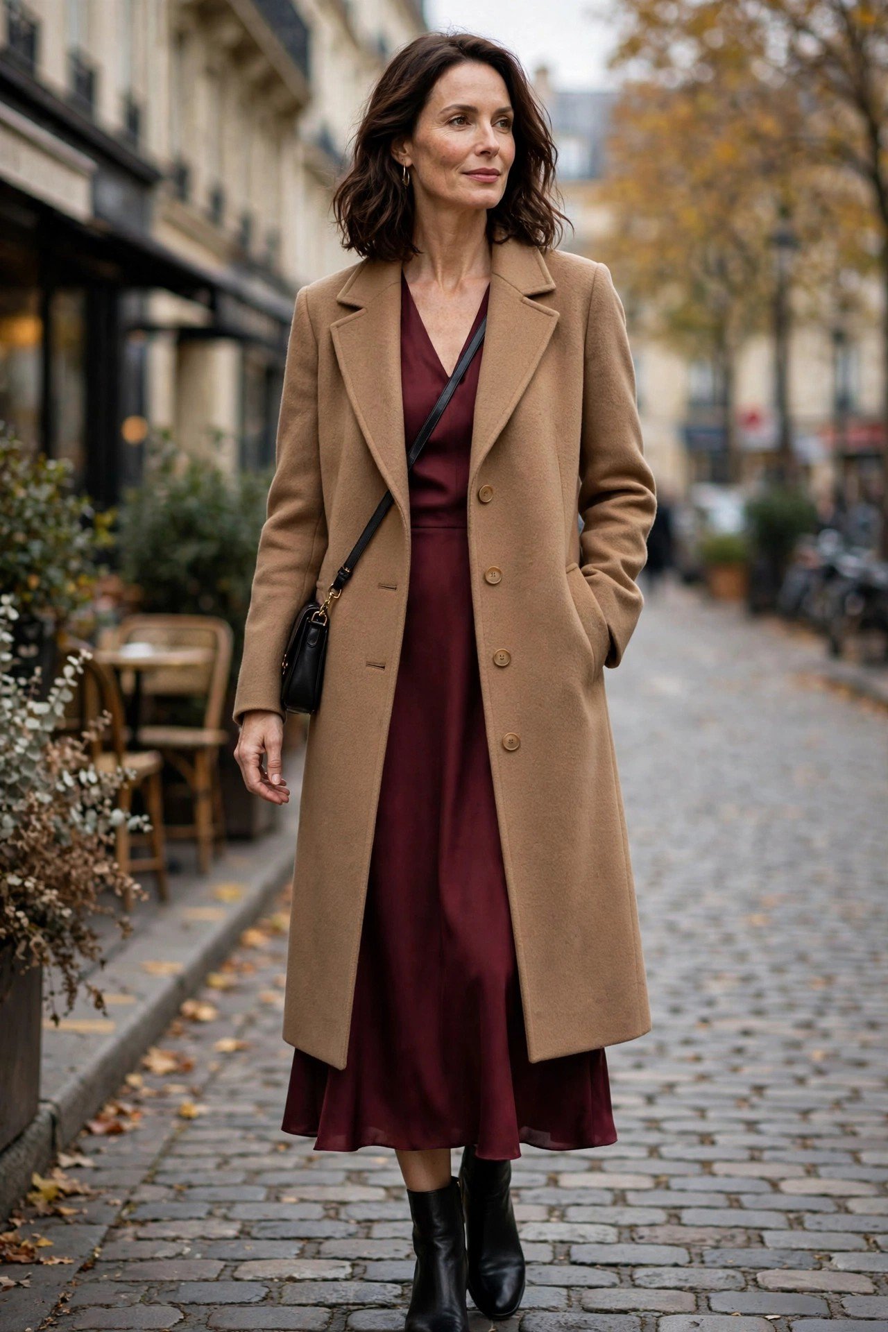 Woman wearing a camel coat with a burgundy dress