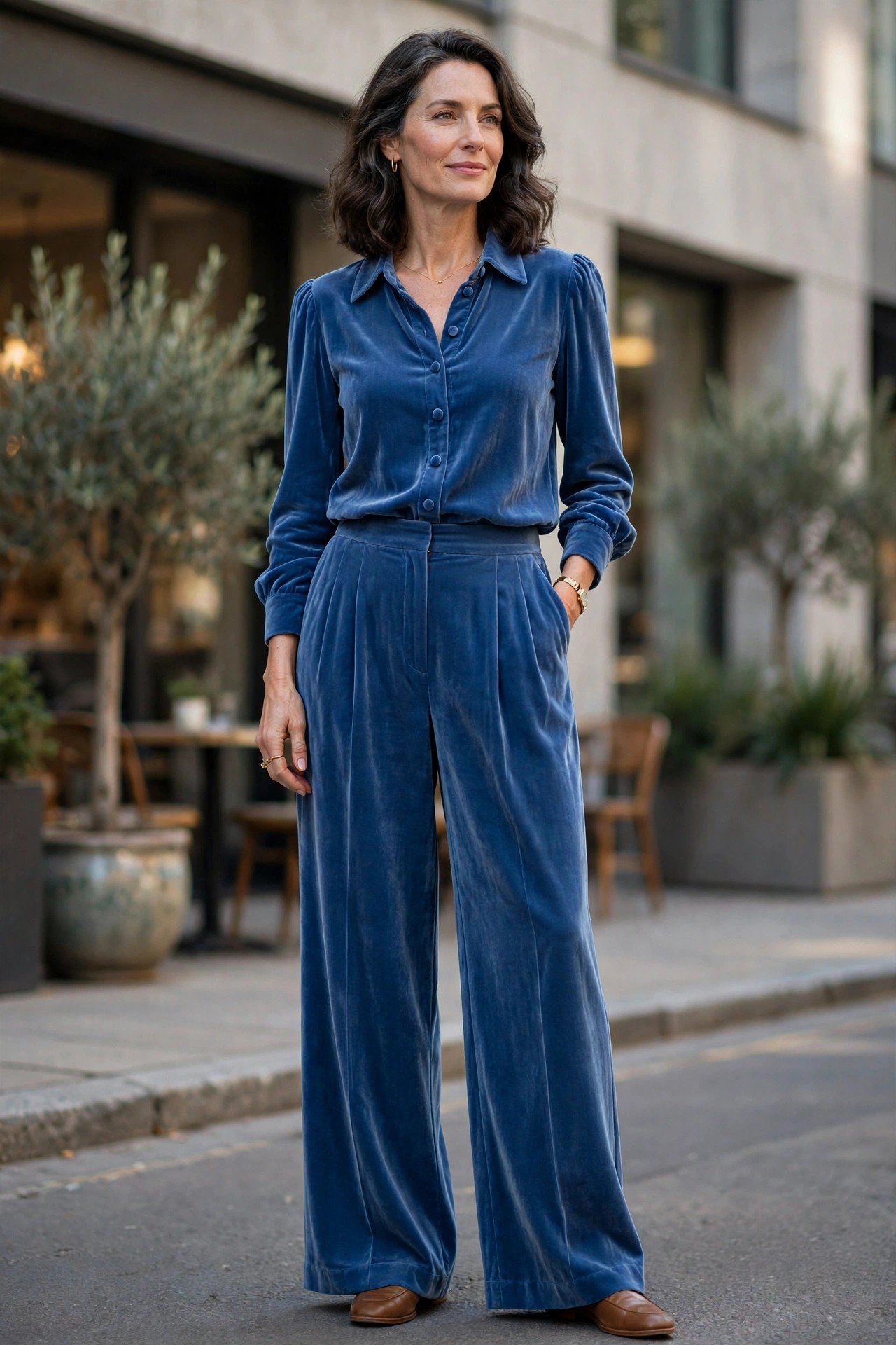 Woman in a velvet blouse with wide leg pants