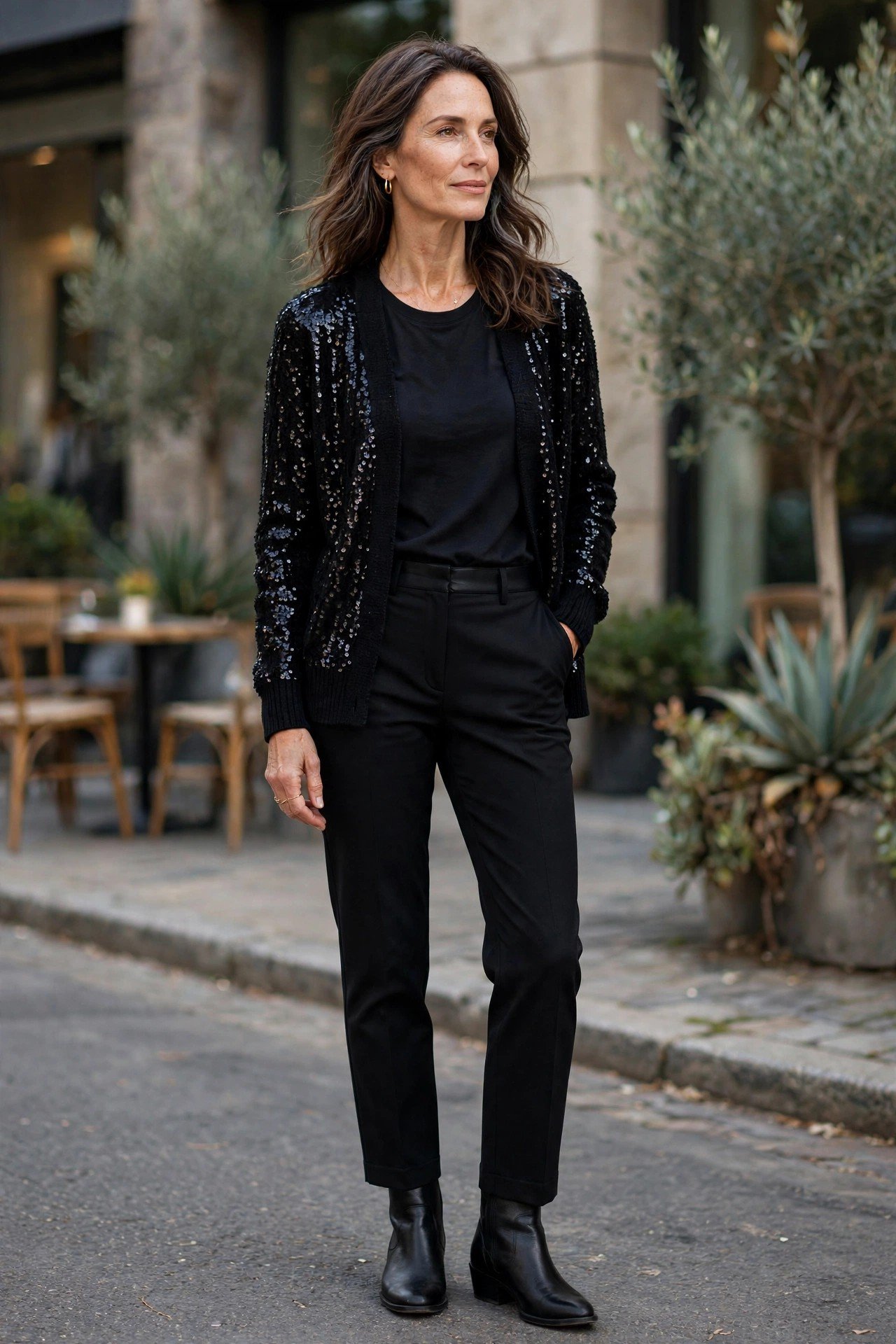 Woman wearing a sequin cardigan with black pants