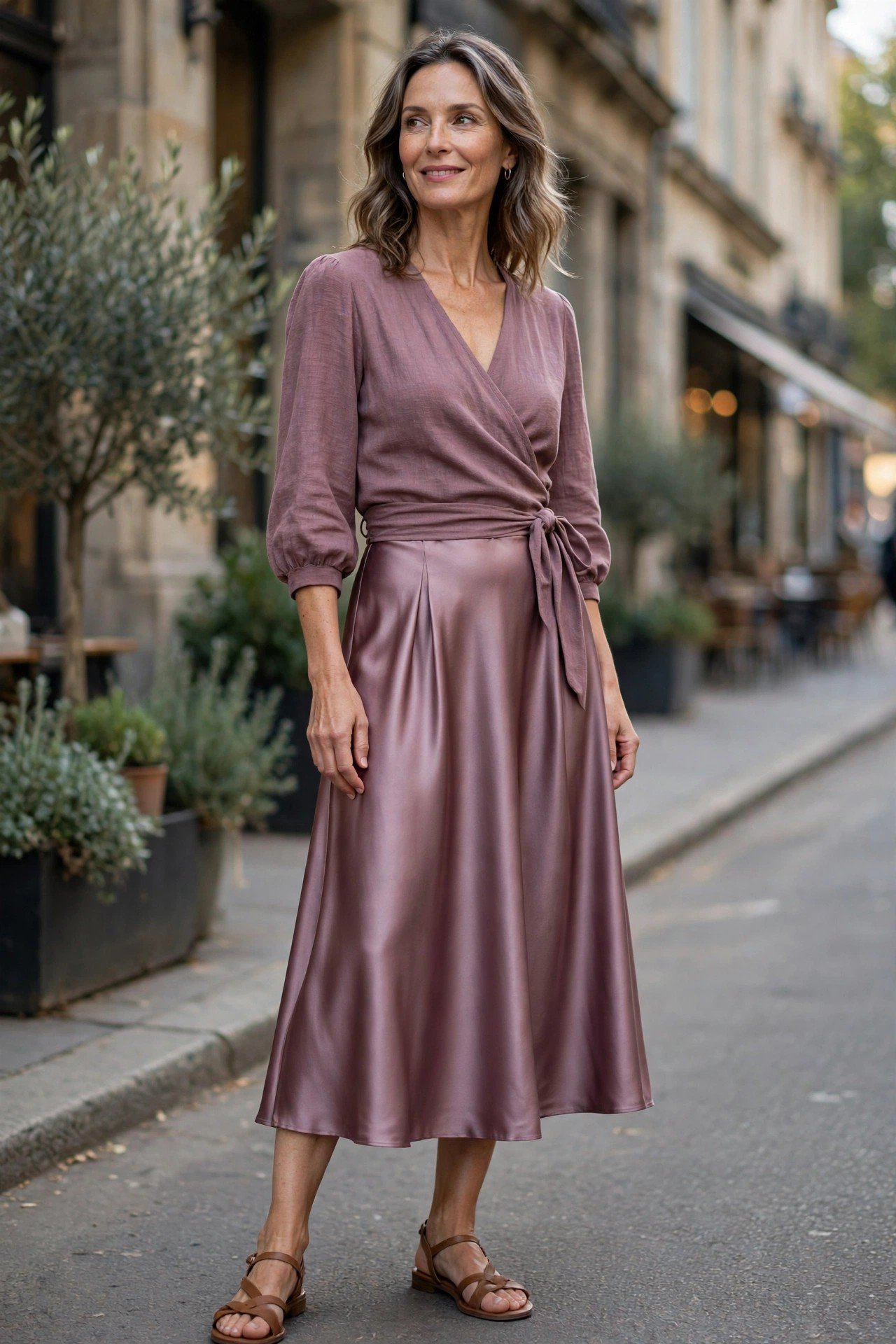Woman in a wrap top with a satin skirt