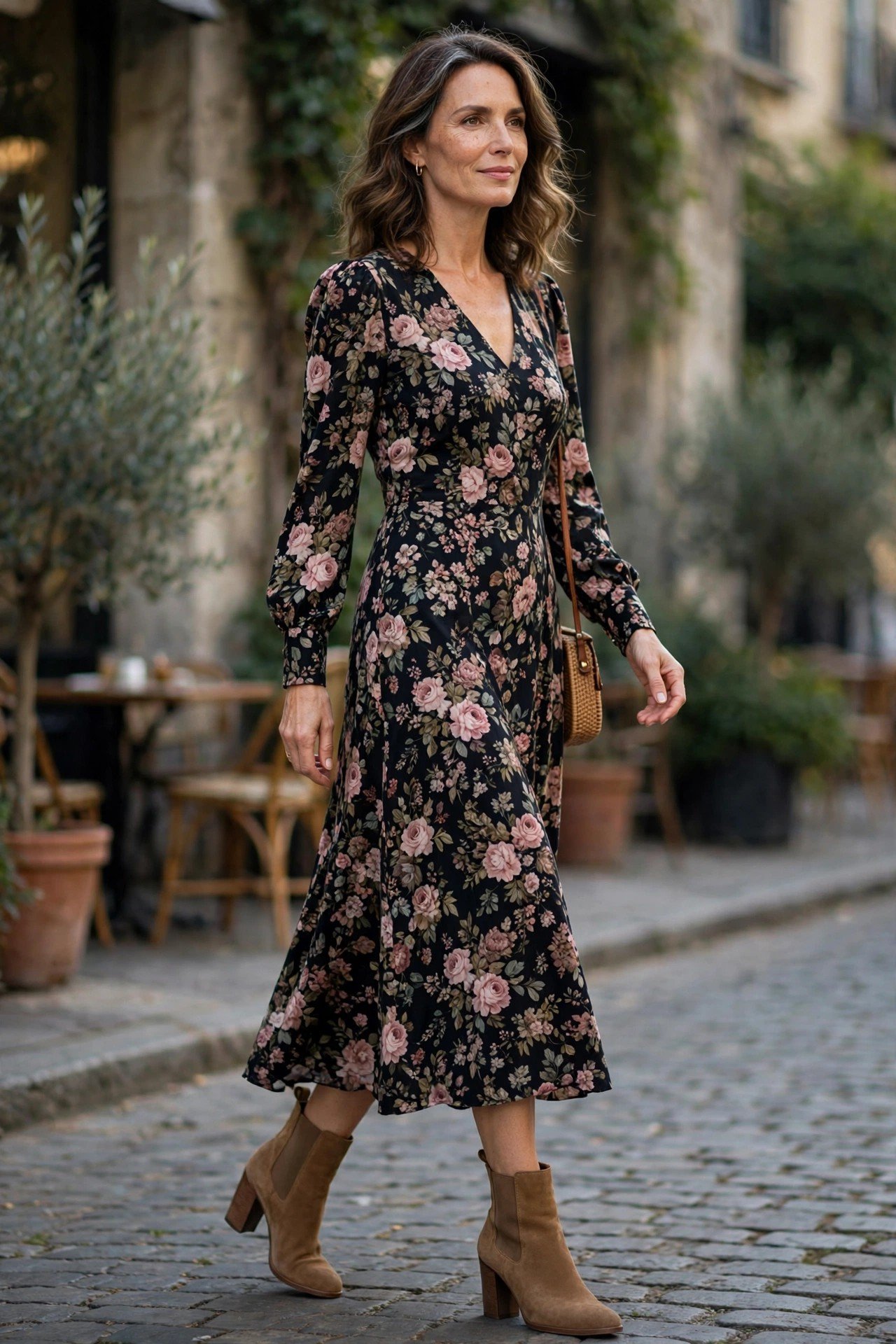 Woman in a dark floral midi dress with boots