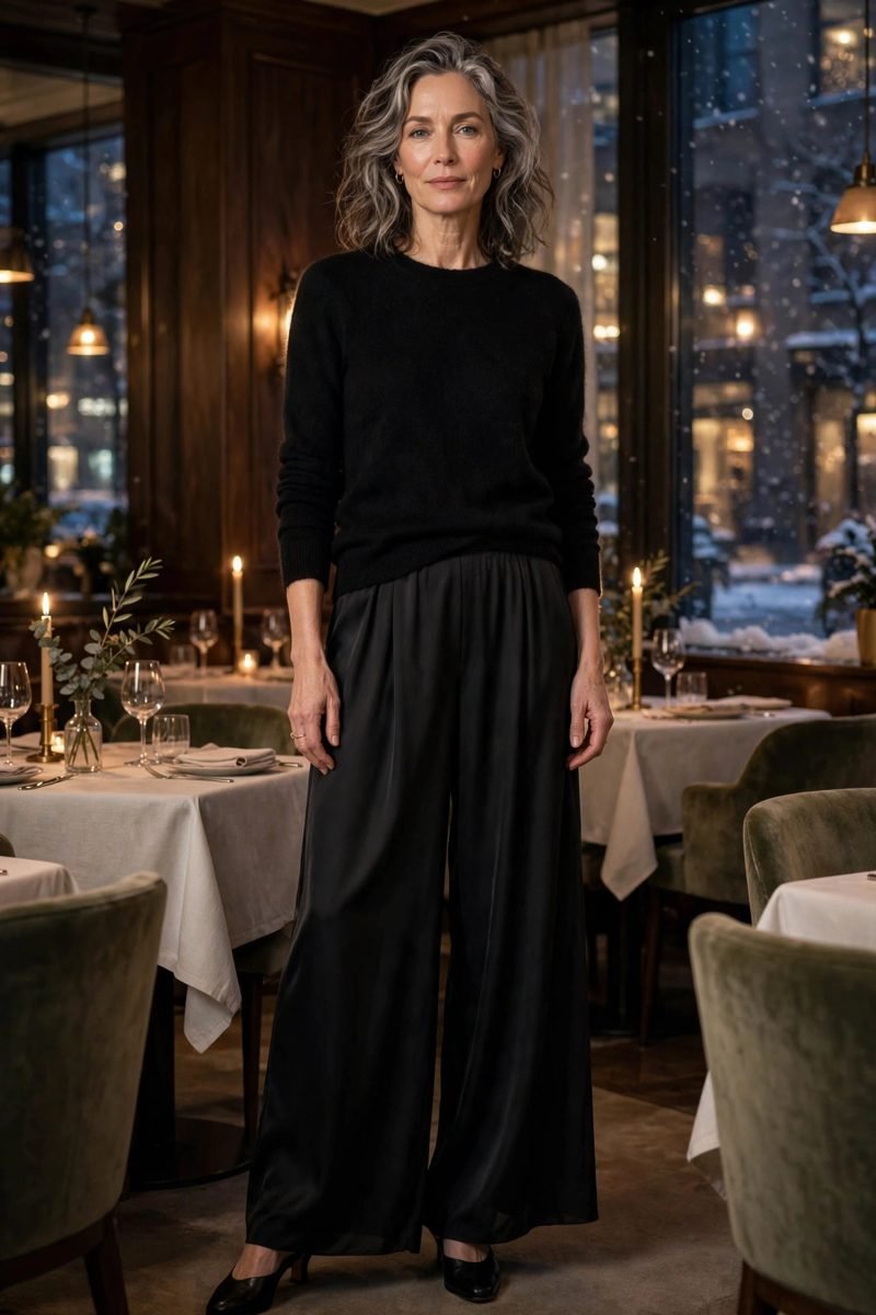 elegant mature woman in black cashmere sweater and silk palazzo pants
