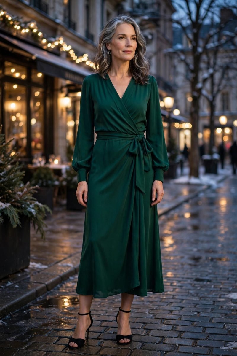 elegant mature woman in emerald jewel-tone wrap dress