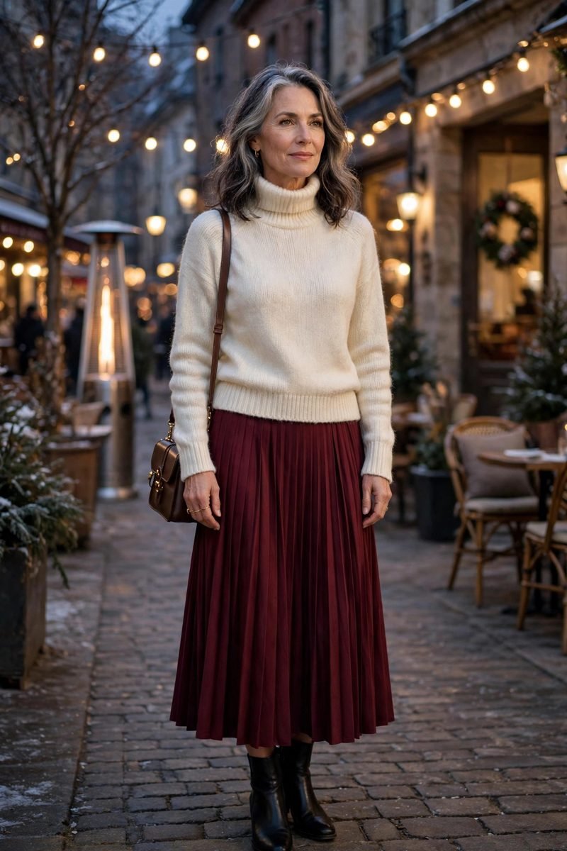 mature woman in cream turtleneck and burgundy pleated skirt
