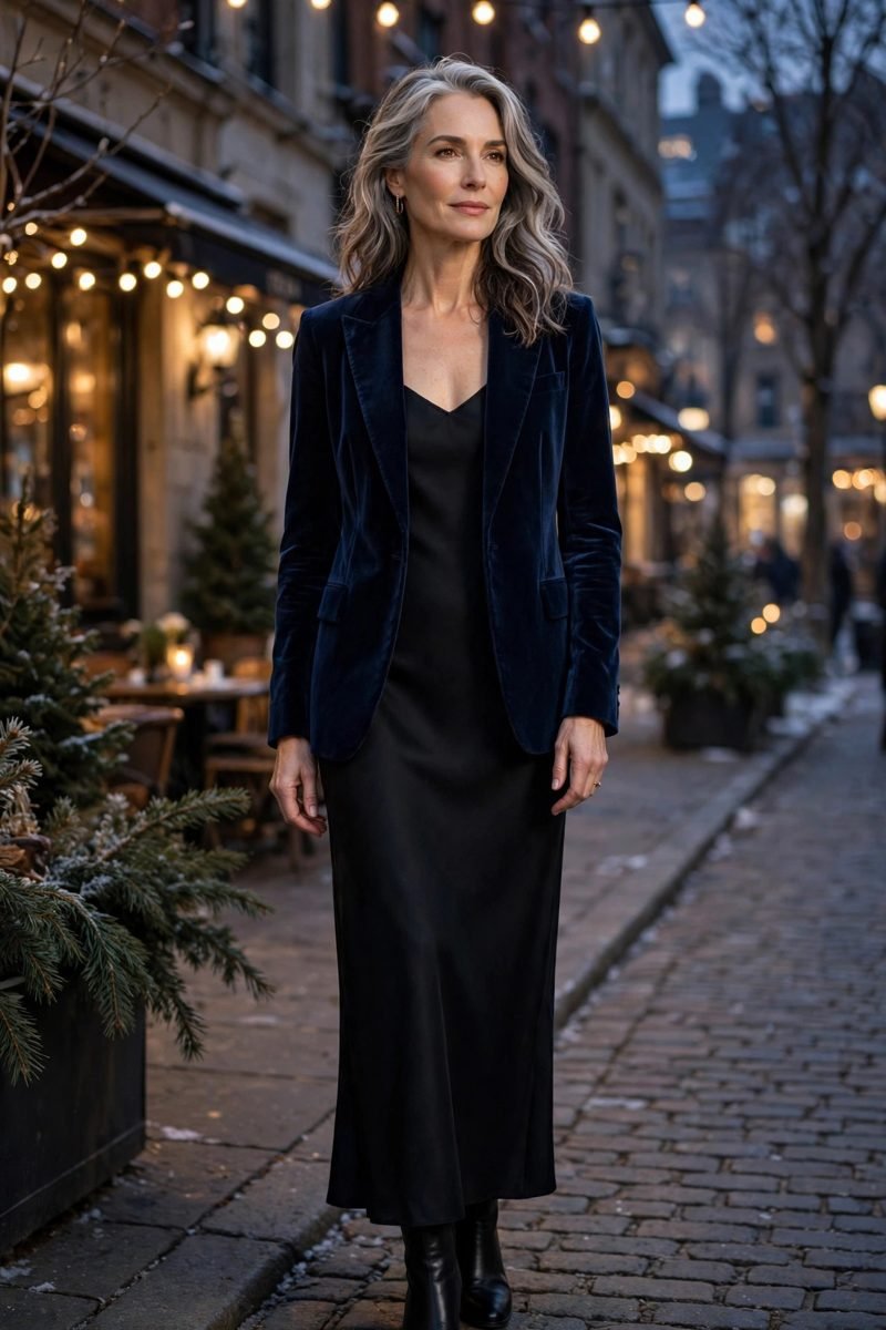 mature woman in navy velvet blazer over black dress