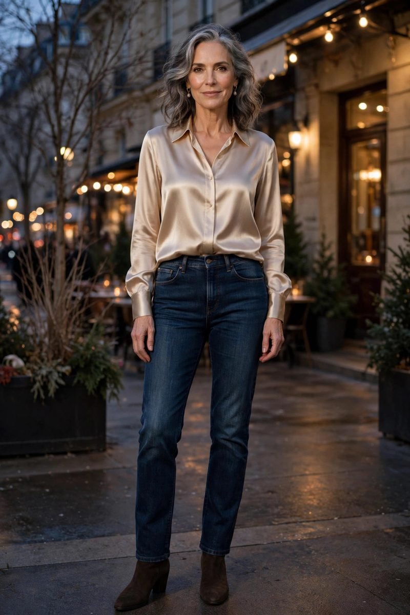 mature woman in champagne silk blouse and dark rinse jeans