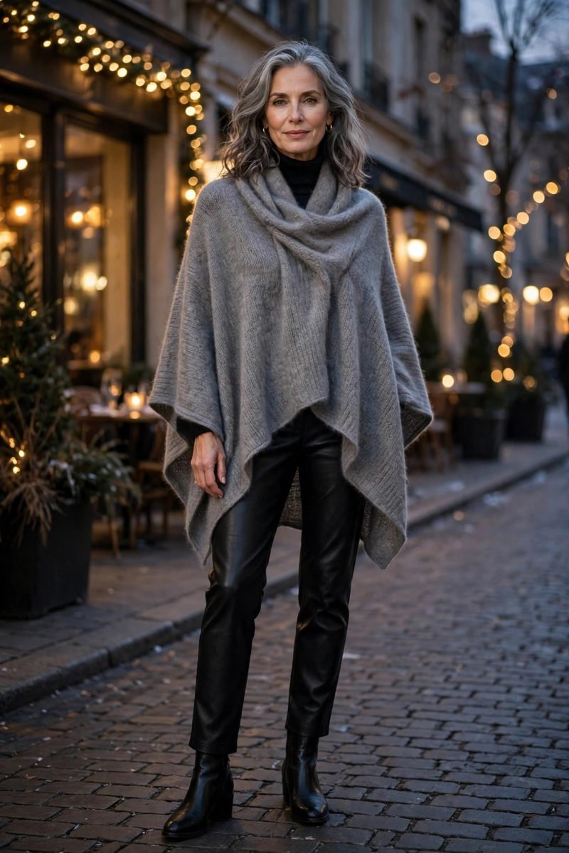 mature woman in gray cashmere poncho and black leather pants