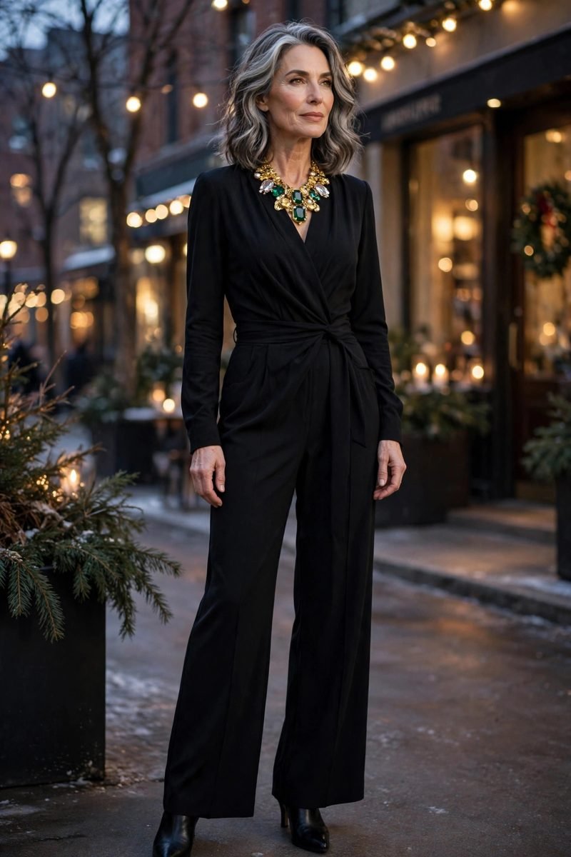mature woman in black crepe jumpsuit with statement necklace