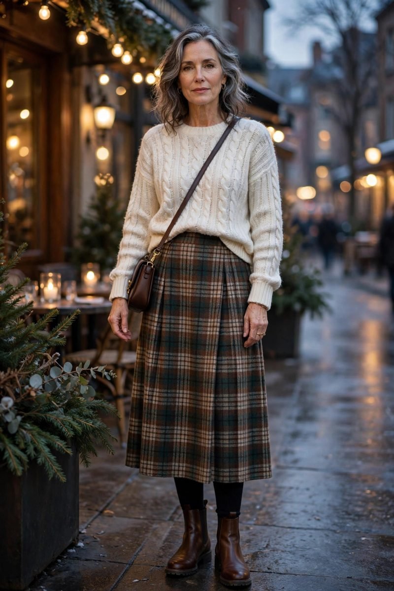 mature woman in ivory knit sweater and plaid wool midi skirt