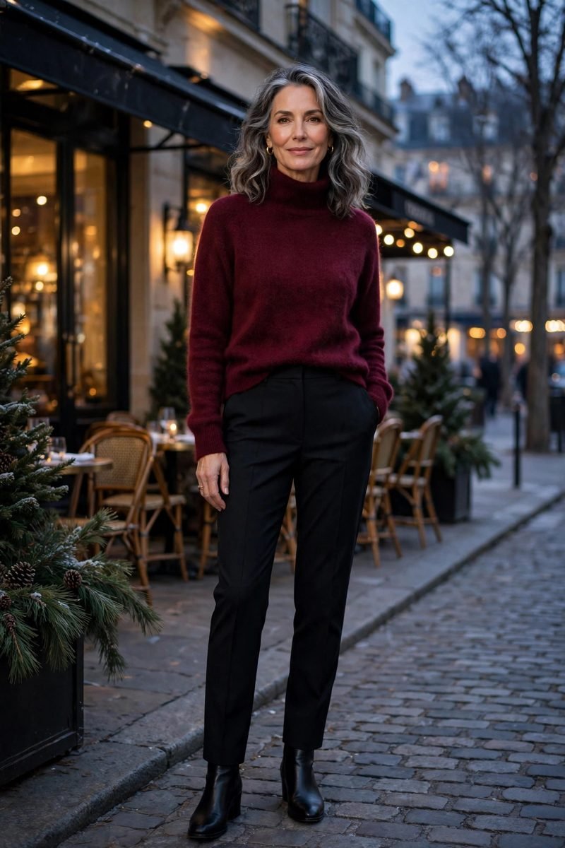 mature woman in burgundy cashmere sweater and black cigarette pants
