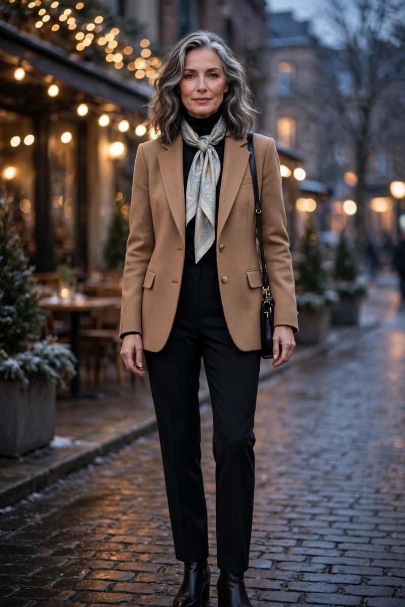 mature woman in silk scarf with camel blazer and tailored trousers