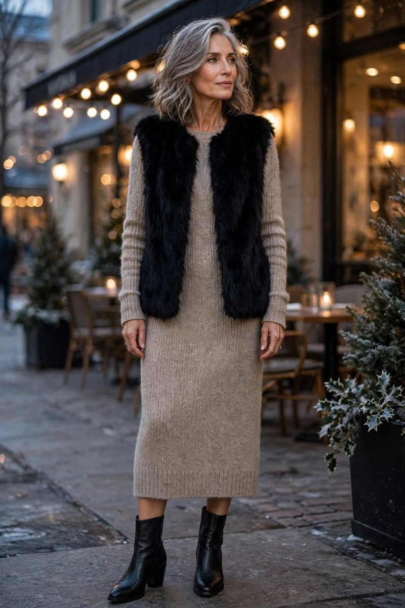 mature woman in black faux fur vest over knit dress