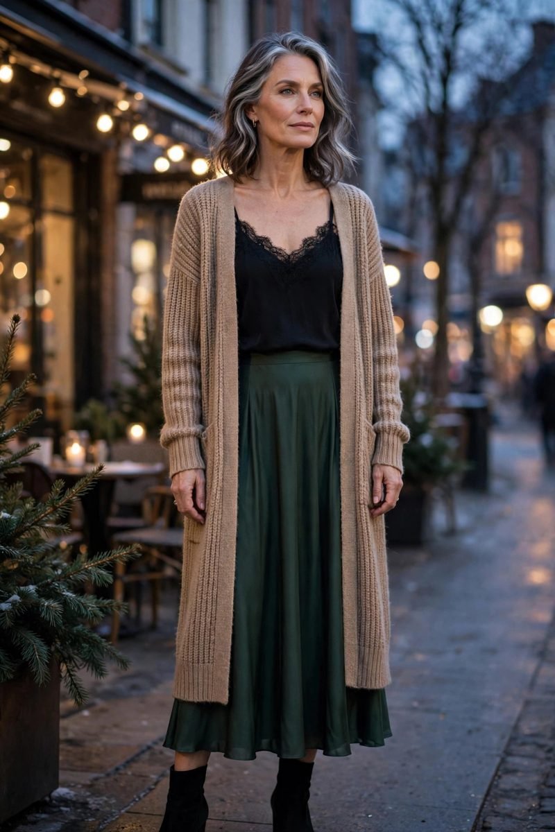 mature woman in lace-trim camisole with long cardigan and midi skirt