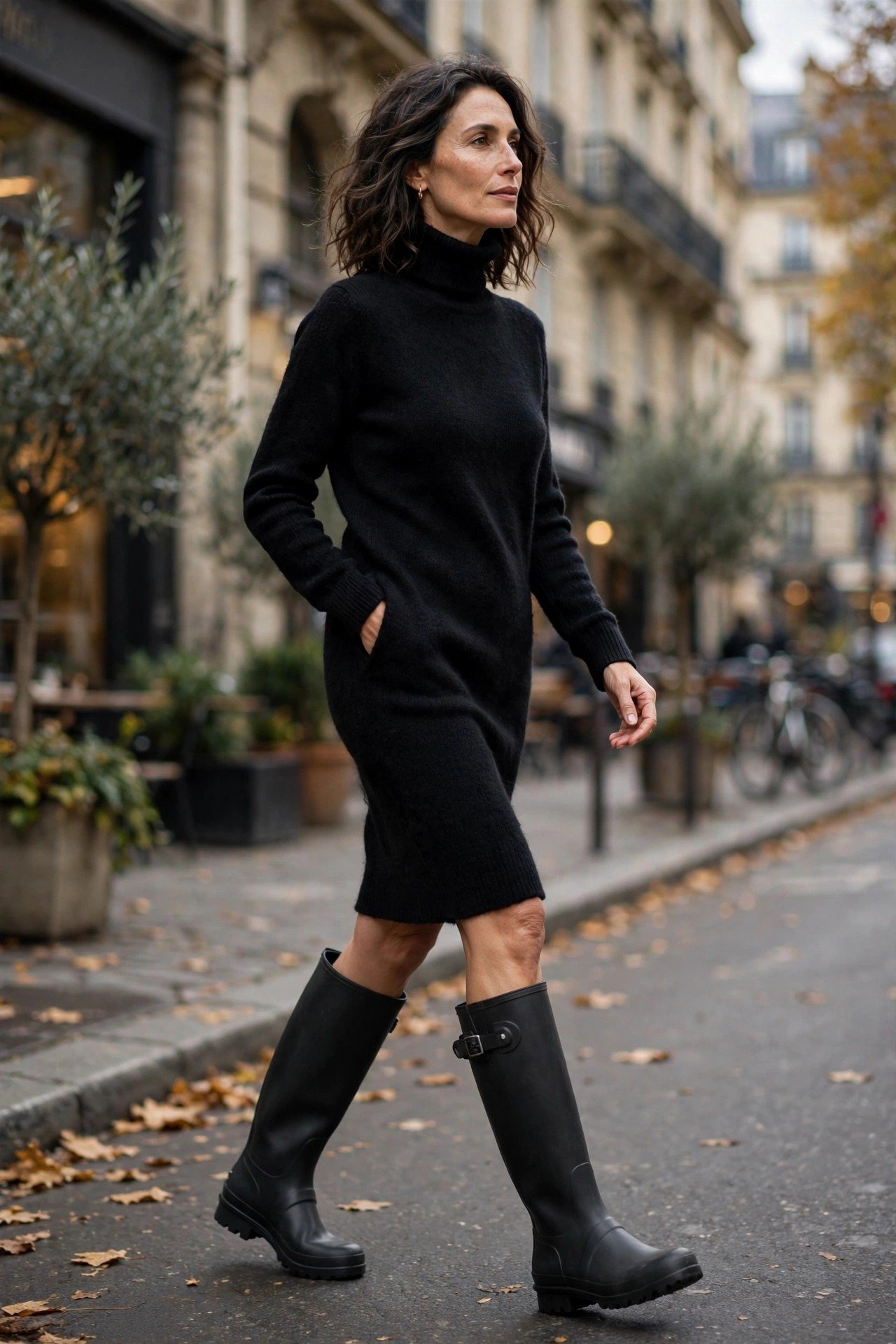 Stylish winter boots outfit in the woods
