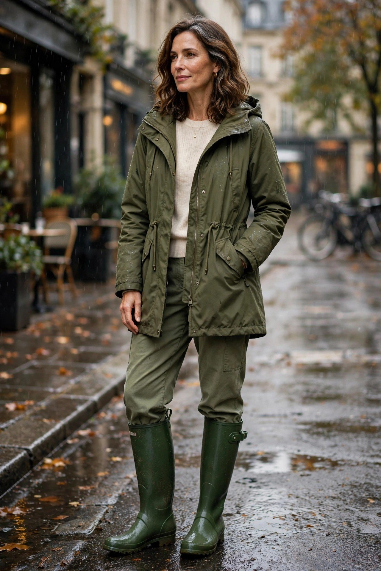 Winter parka paired with tall boots