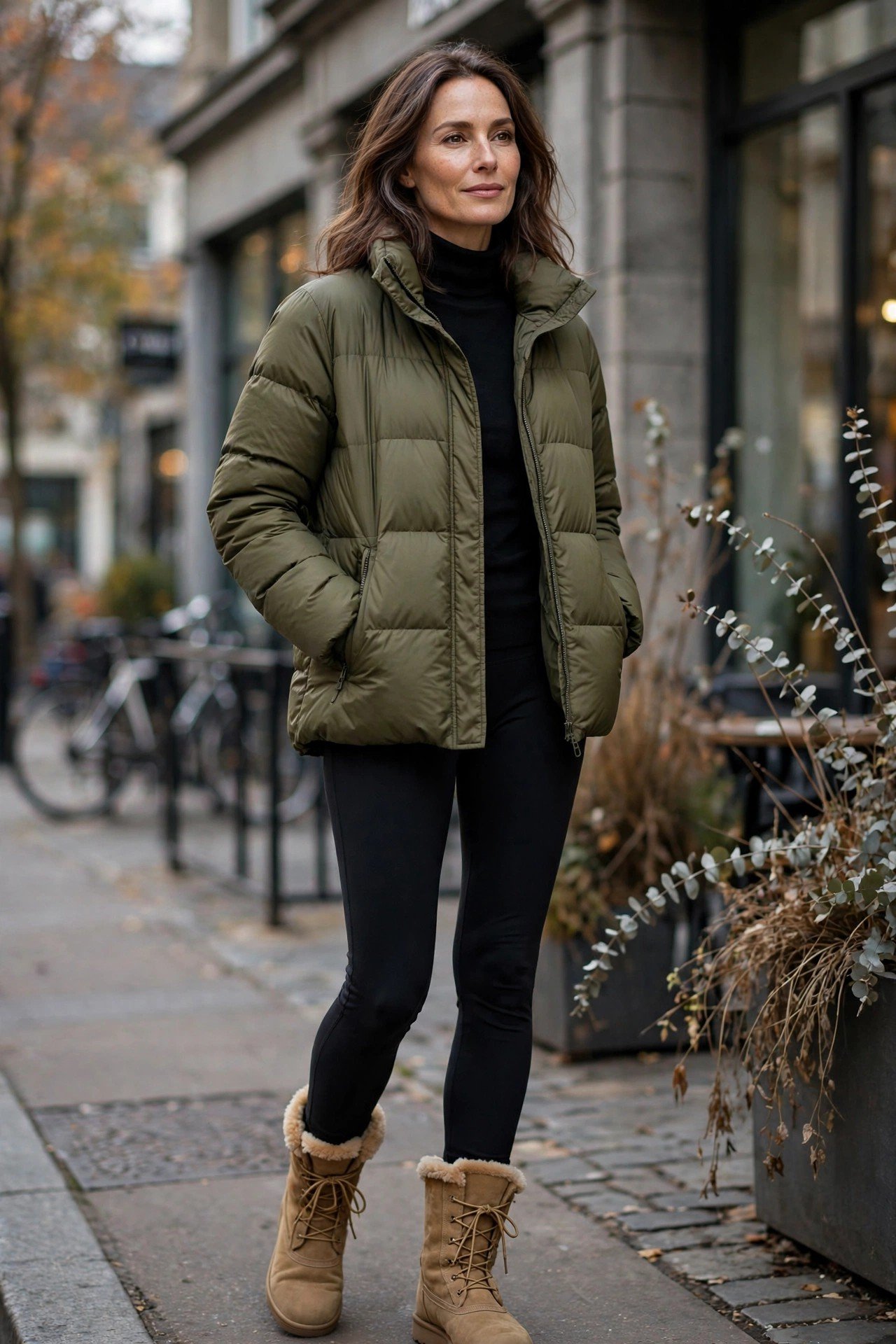 Quilted puffer jacket with winter boots