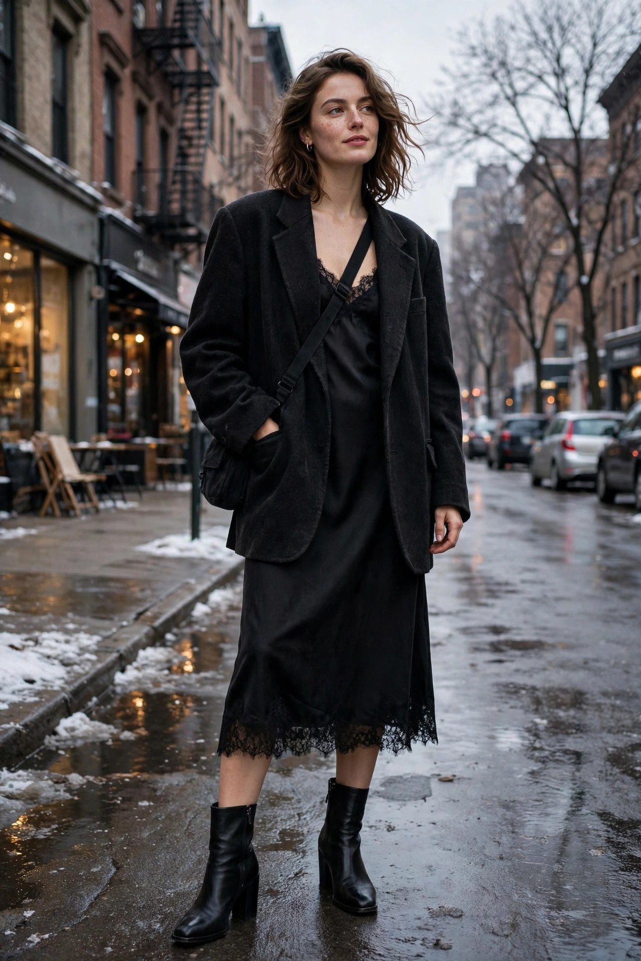 woman in thrifted oversized blazer and black slip dress