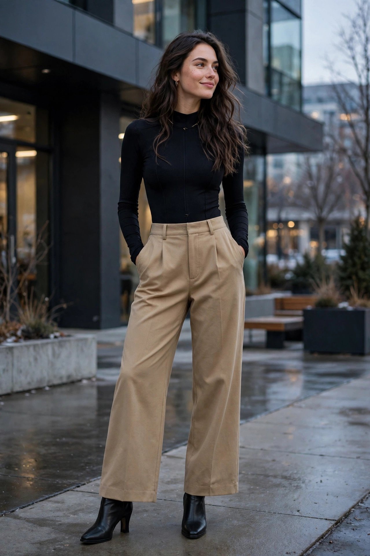 woman in black bodysuit and high-waisted tan trousers