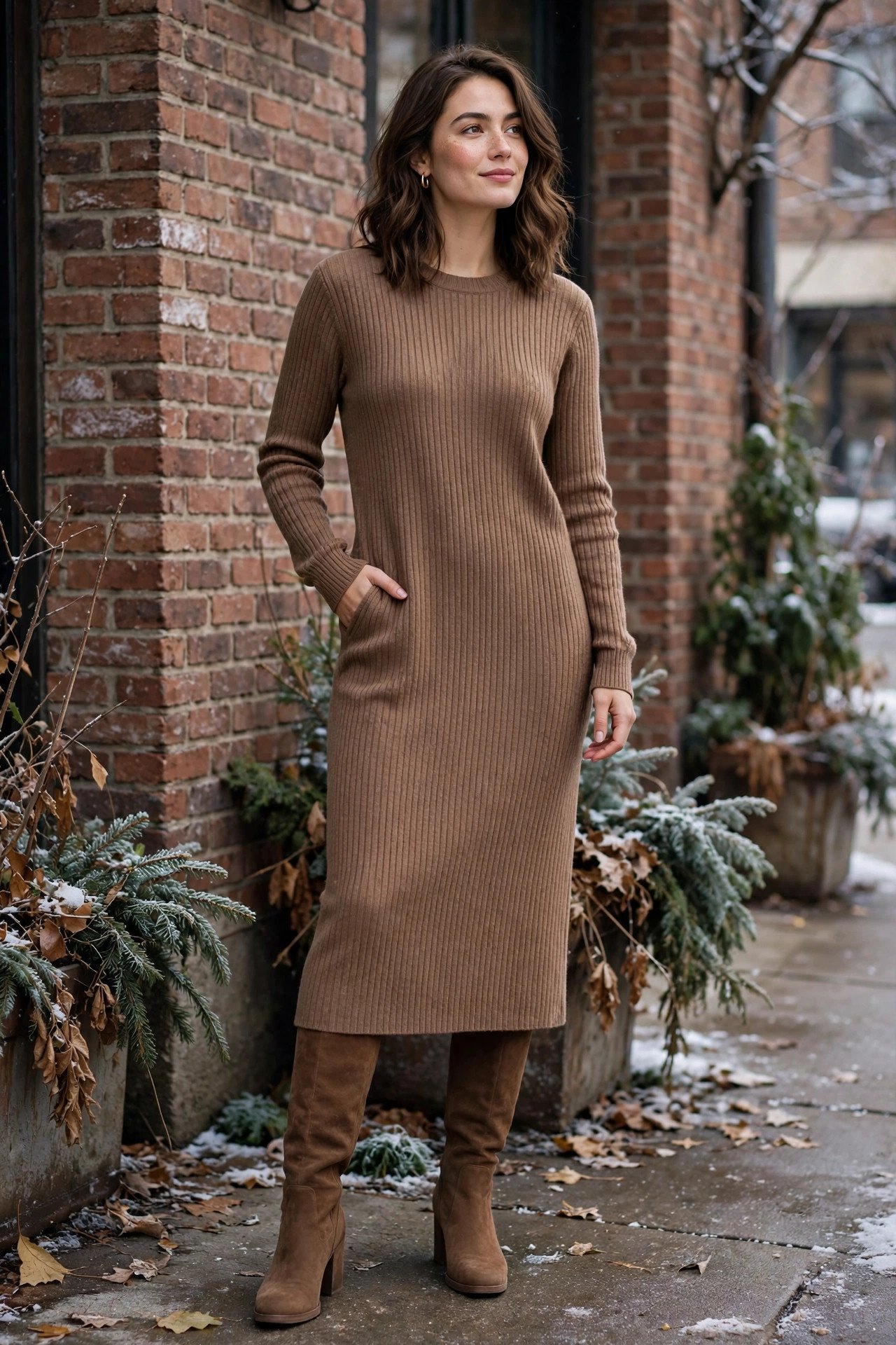 woman in ribbed mocha knit midi dress