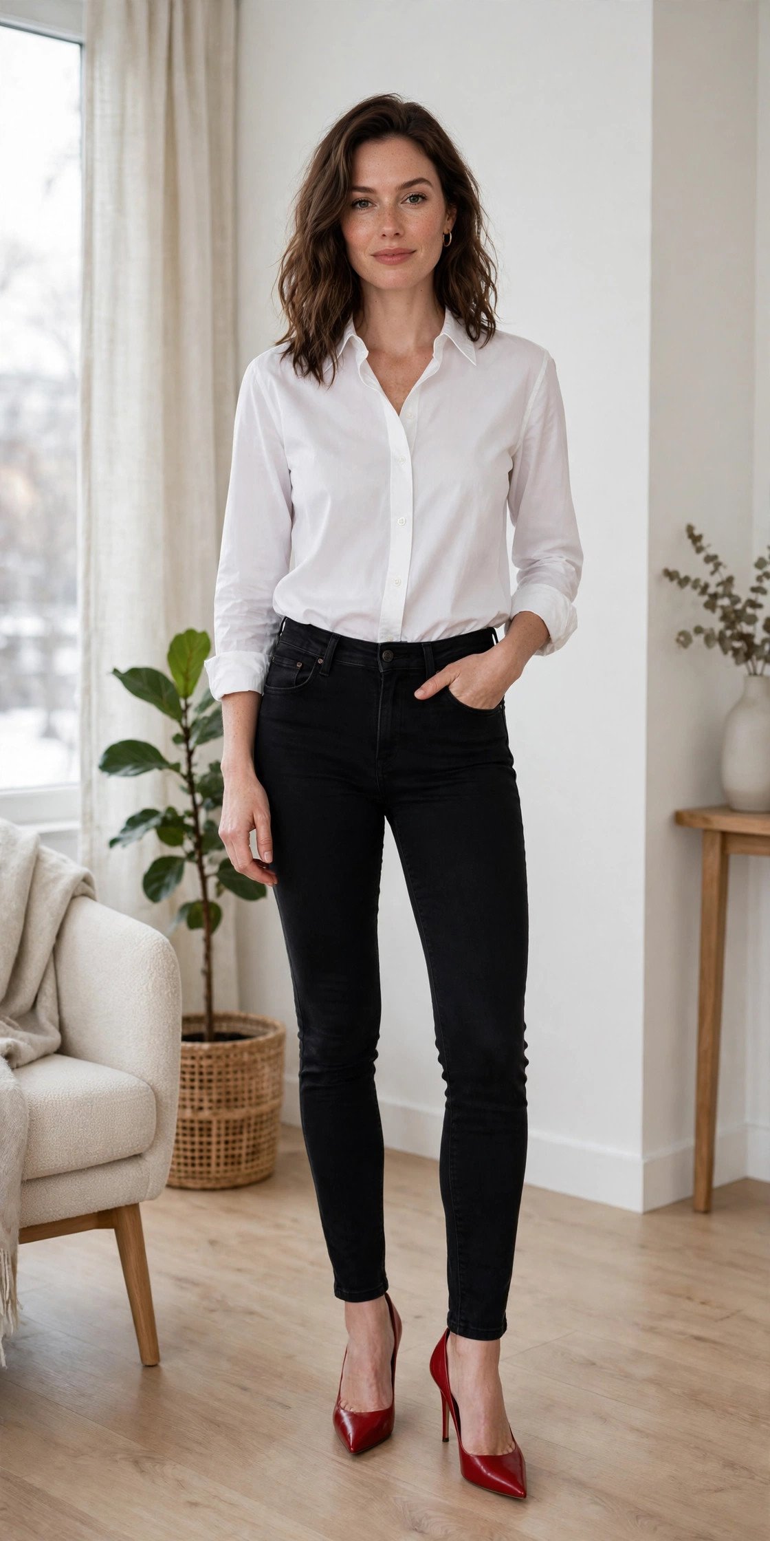 woman in white button-down shirt with black jeans and red heels