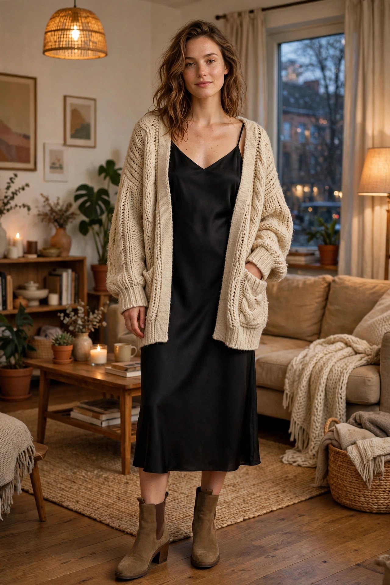 woman in black slip dress and thrifted grandpa cardigan